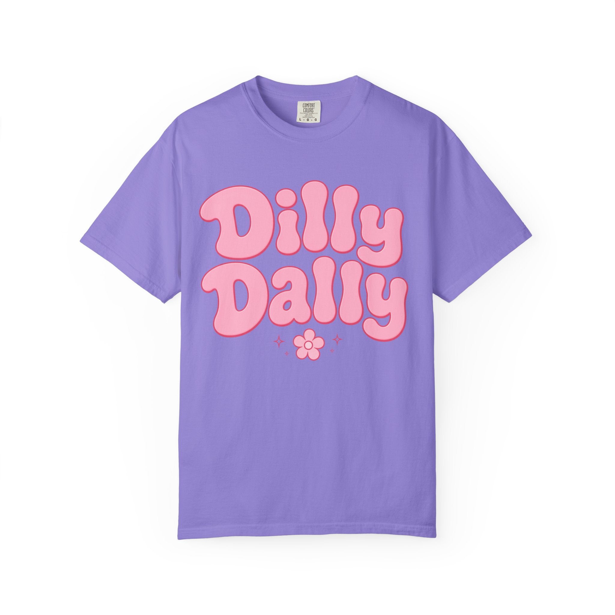 Dilly Dally pink bubble letters T-Shirt | groovy flower retro typography