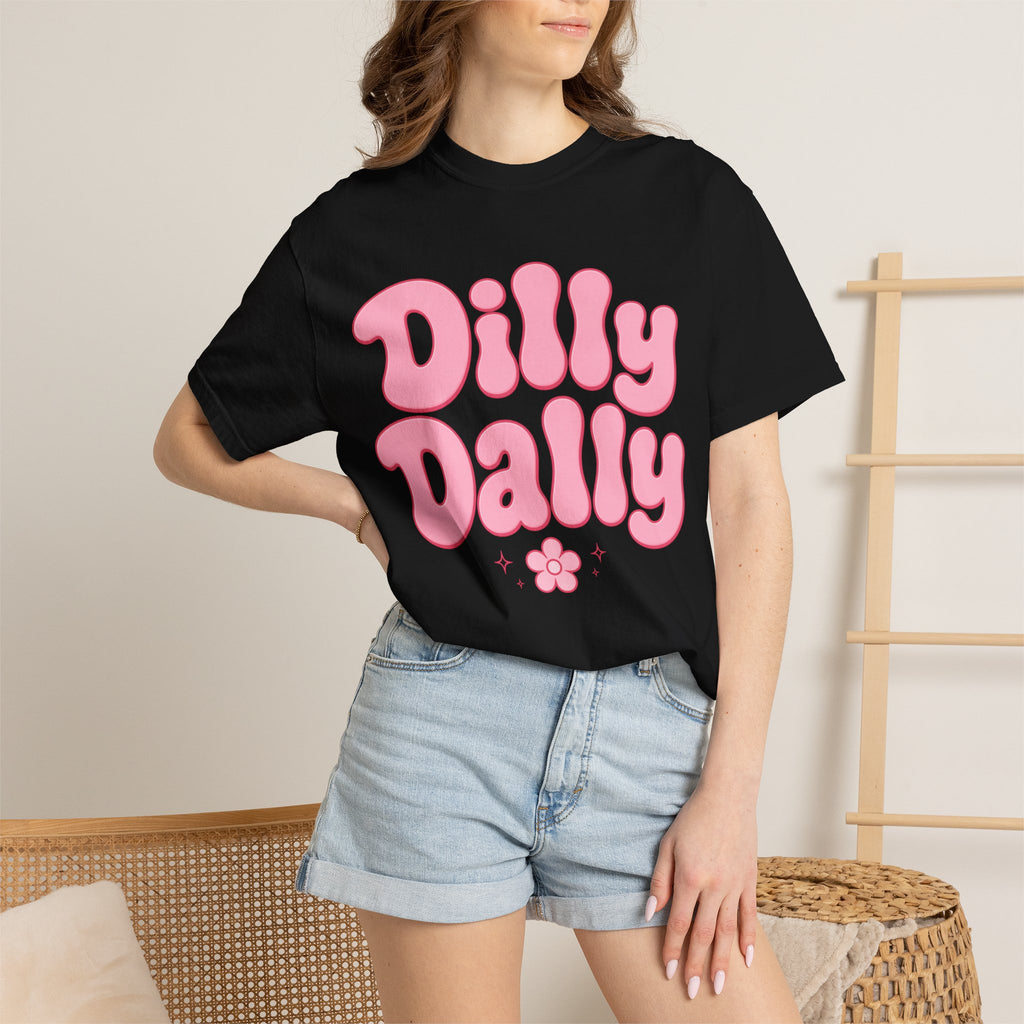 Dilly Dally pink bubble letters T-Shirt | groovy flower retro typography