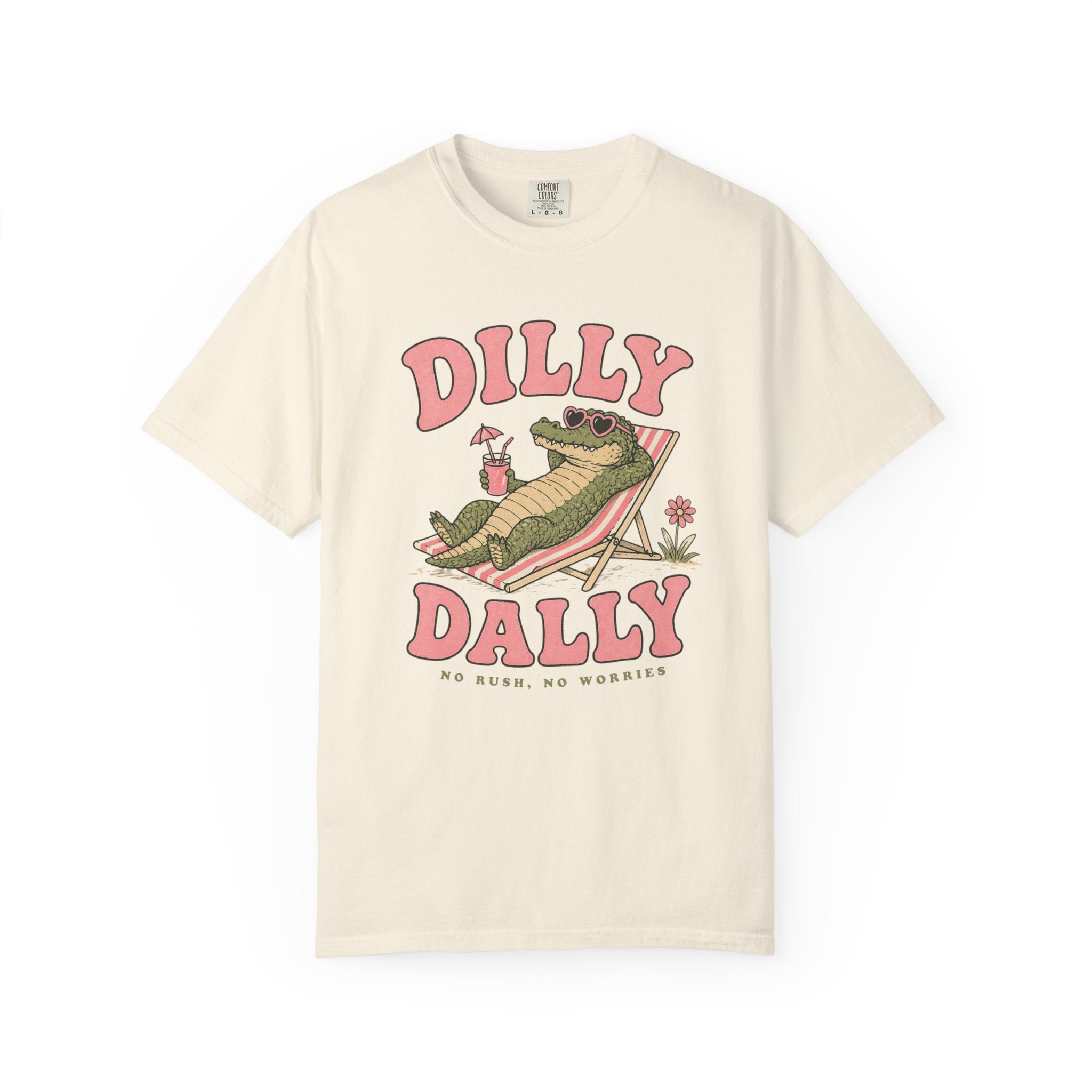 Dilly Dally Alligator Lounge T-shirt | Lazy Summer Palm Drink Graphic