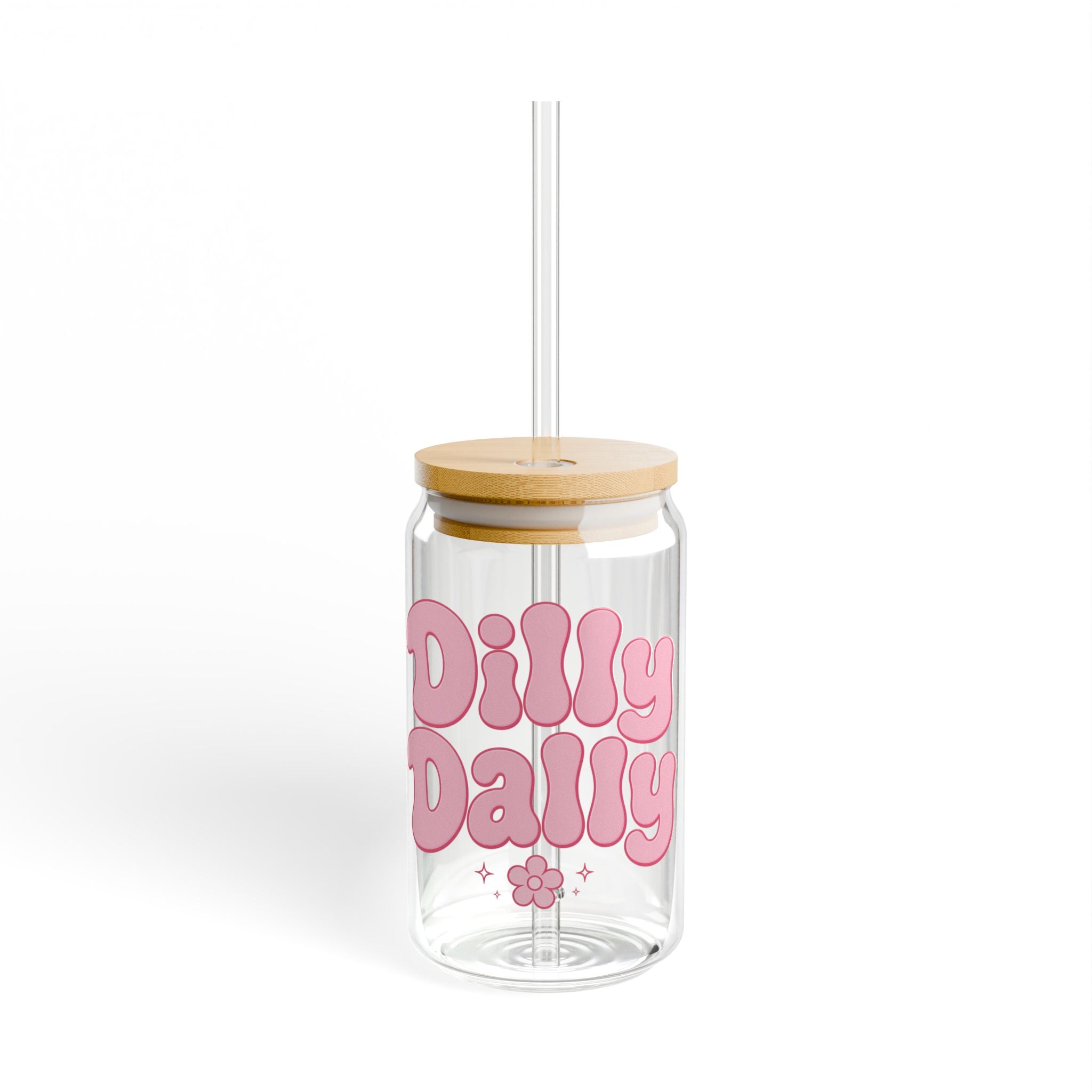 Dilly Dally pink retro bubble text Sipper Glass | 16oz clear tumbler with straw