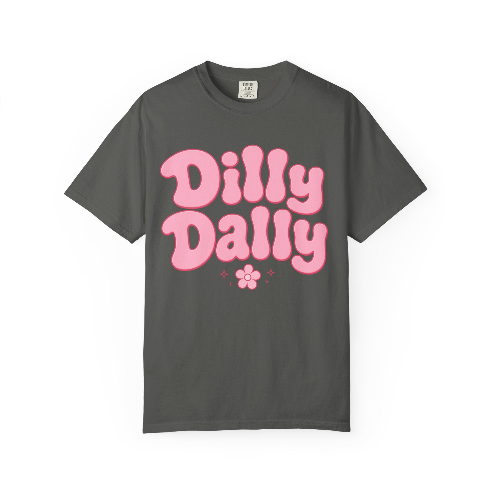 Dilly Dally pink bubble letters T-Shirt | groovy flower retro typography
