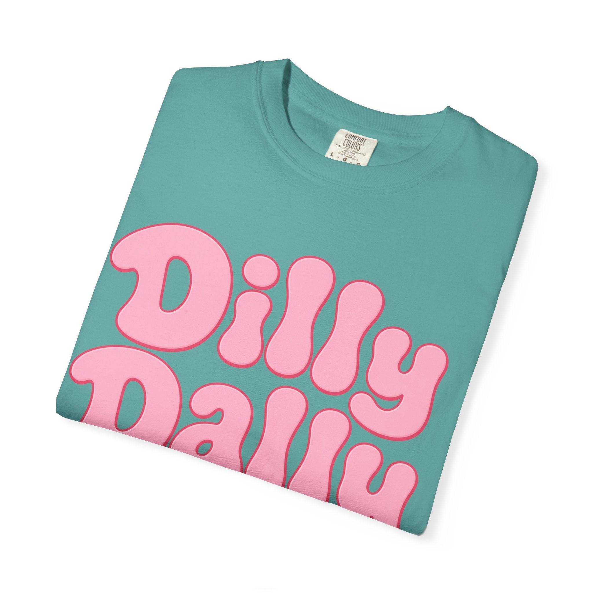 Dilly Dally pink bubble letters T-Shirt | groovy flower retro typography