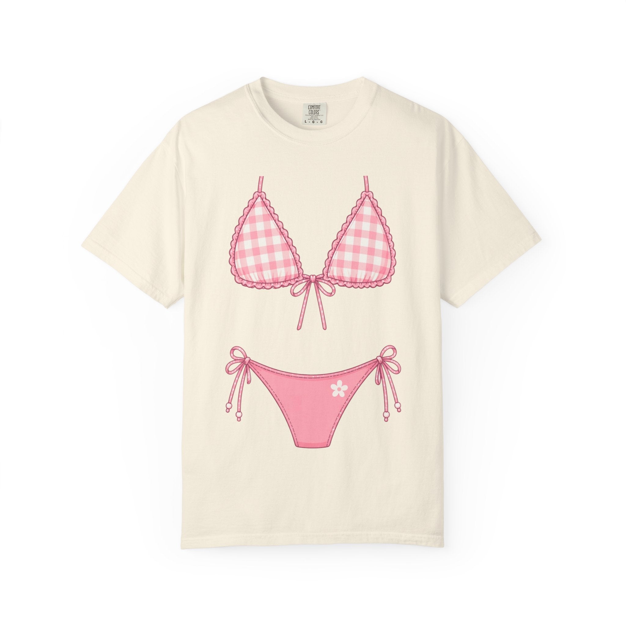 Pink Gingham Bikini Illustration T-Shirt | Bikini Graphic Tee
