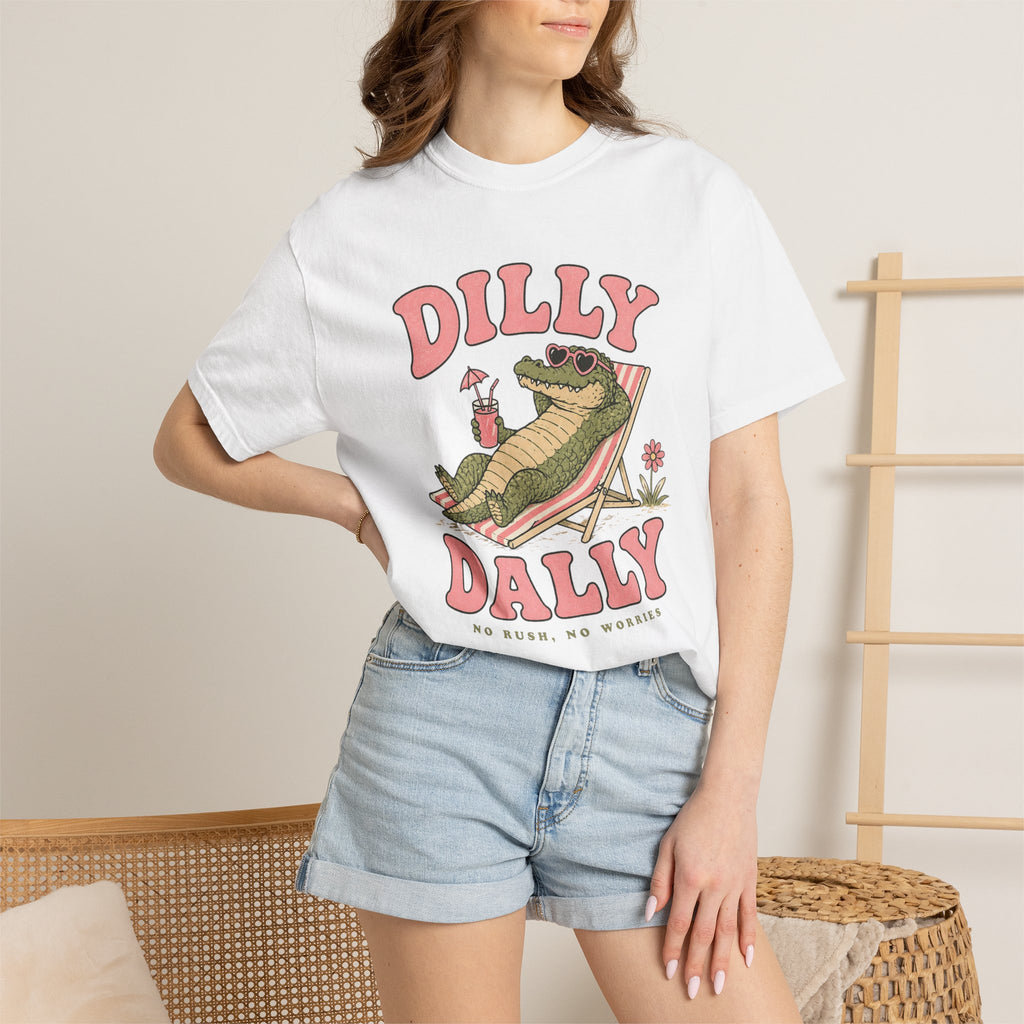 Dilly Dally Alligator Lounge T-shirt | Lazy Summer Palm Drink Graphic