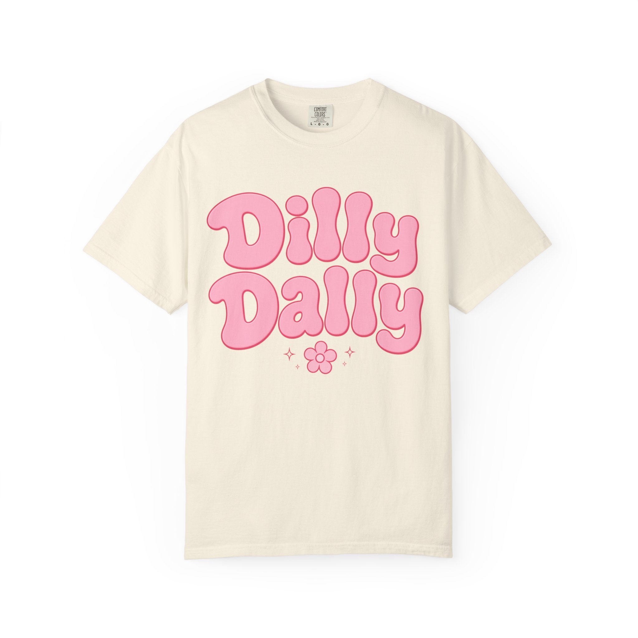 Dilly Dally pink bubble letters T-Shirt | groovy flower retro typography
