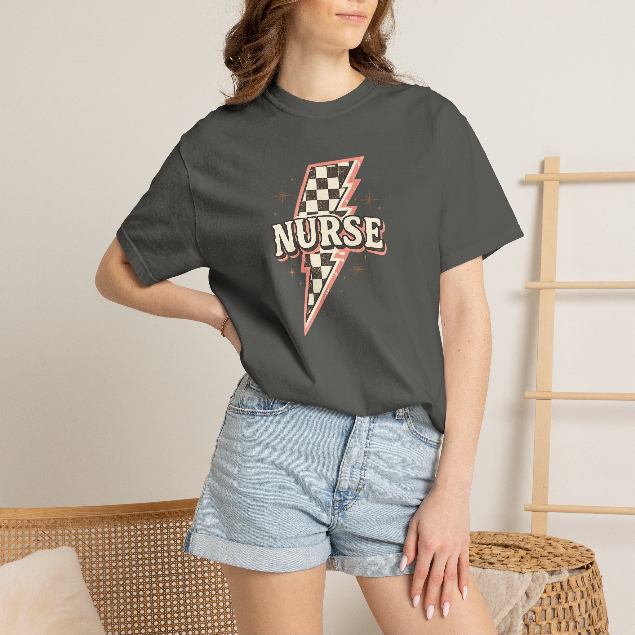Checkerboard Lightning Nurse T-Shirt | Retro Sparkle Medical Tee