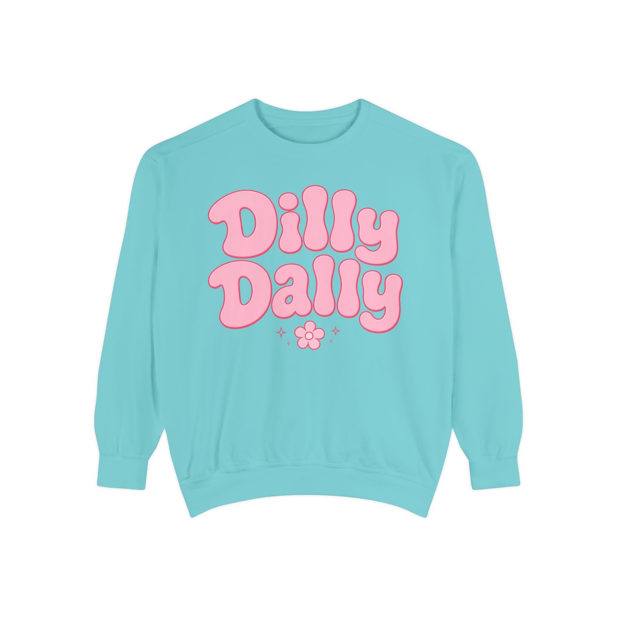Dilly Dally bubble text sweatshirt | retro pink flower design