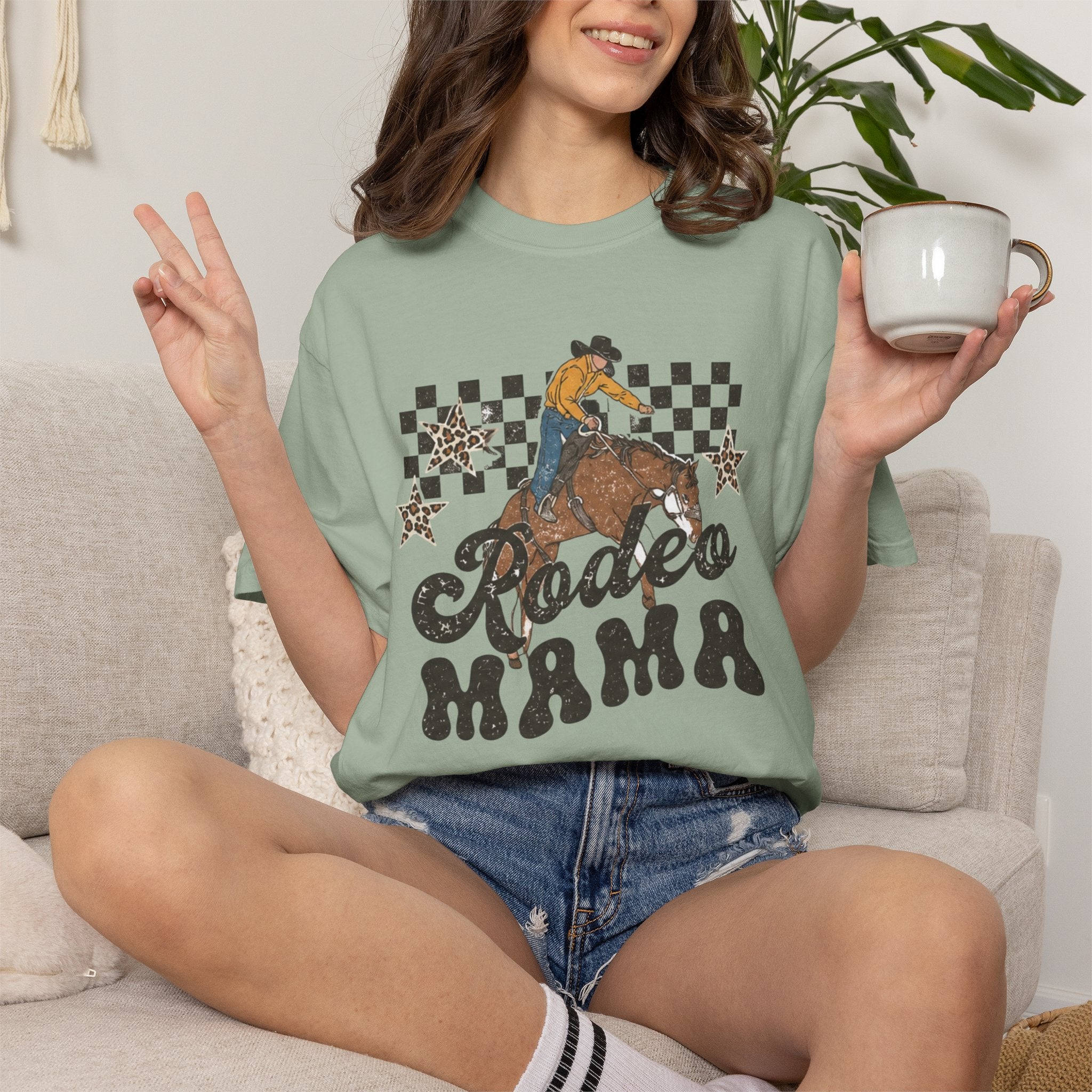 Rodeo Mama T-shirt | Cowgirl Riding Horse, Checkerboard Stars Western Design