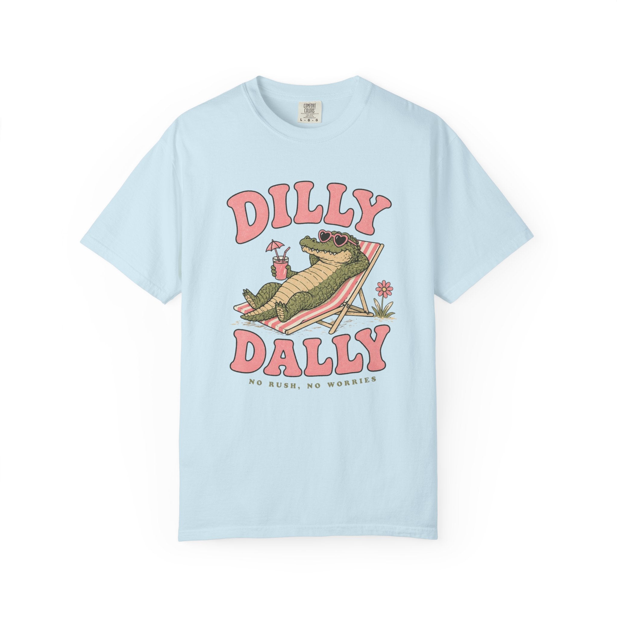 Dilly Dally Alligator Lounge T-shirt | Lazy Summer Palm Drink Graphic