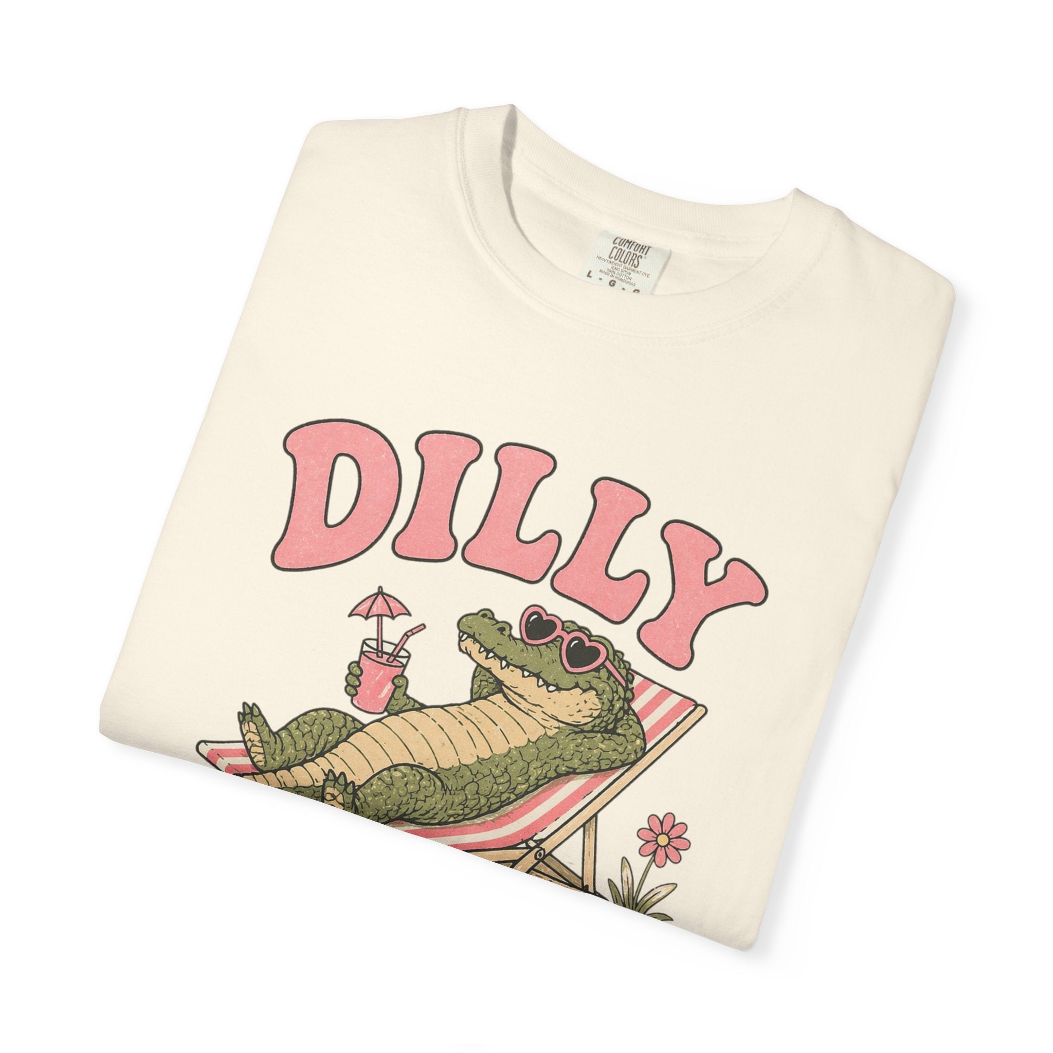 Dilly Dally Alligator Lounge T-shirt | Lazy Summer Palm Drink Graphic