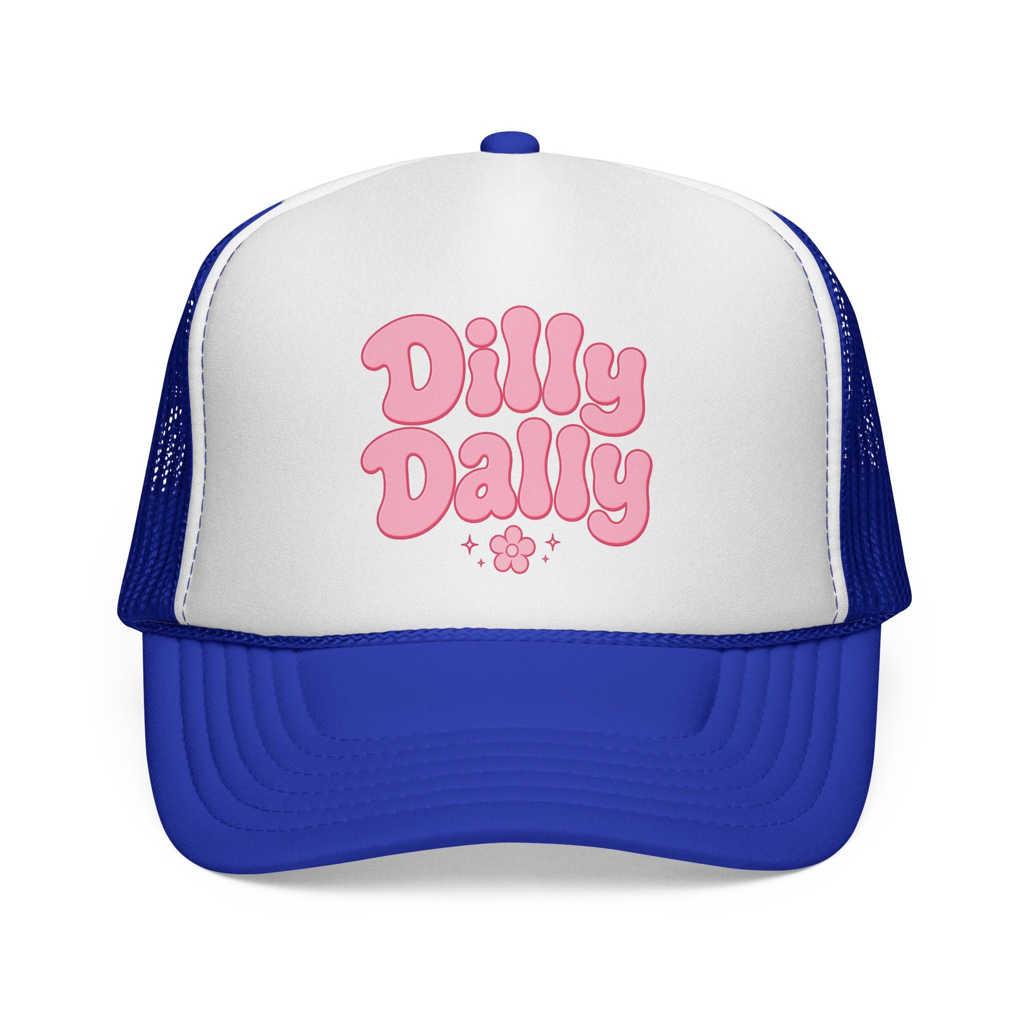 Dilly Dally pink bubbly lettering Trucker Cap | retro flower script
