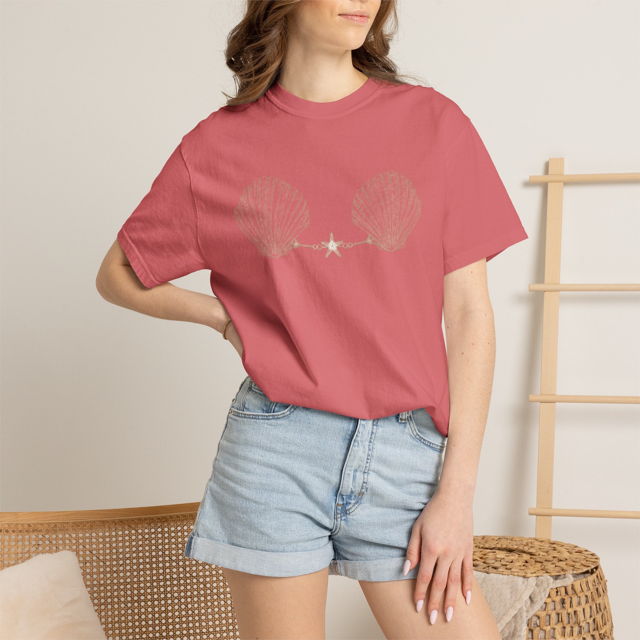 Seashell Bra Illustration T-shirt | Shell Bikini Graphic Tee