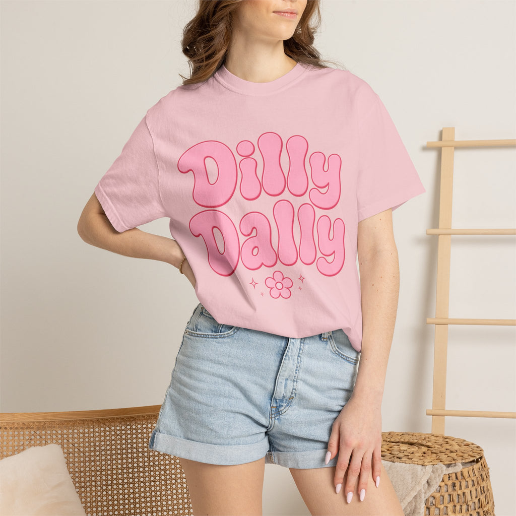 Dilly Dally pink bubble letters T-Shirt | groovy flower retro typography
