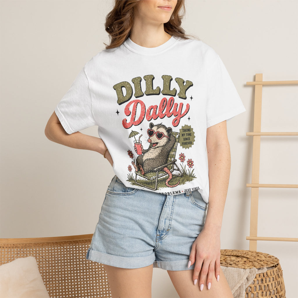 Dilly Dally Sloth Relaxing with Drink T-shirt | Retro Chill Vibes