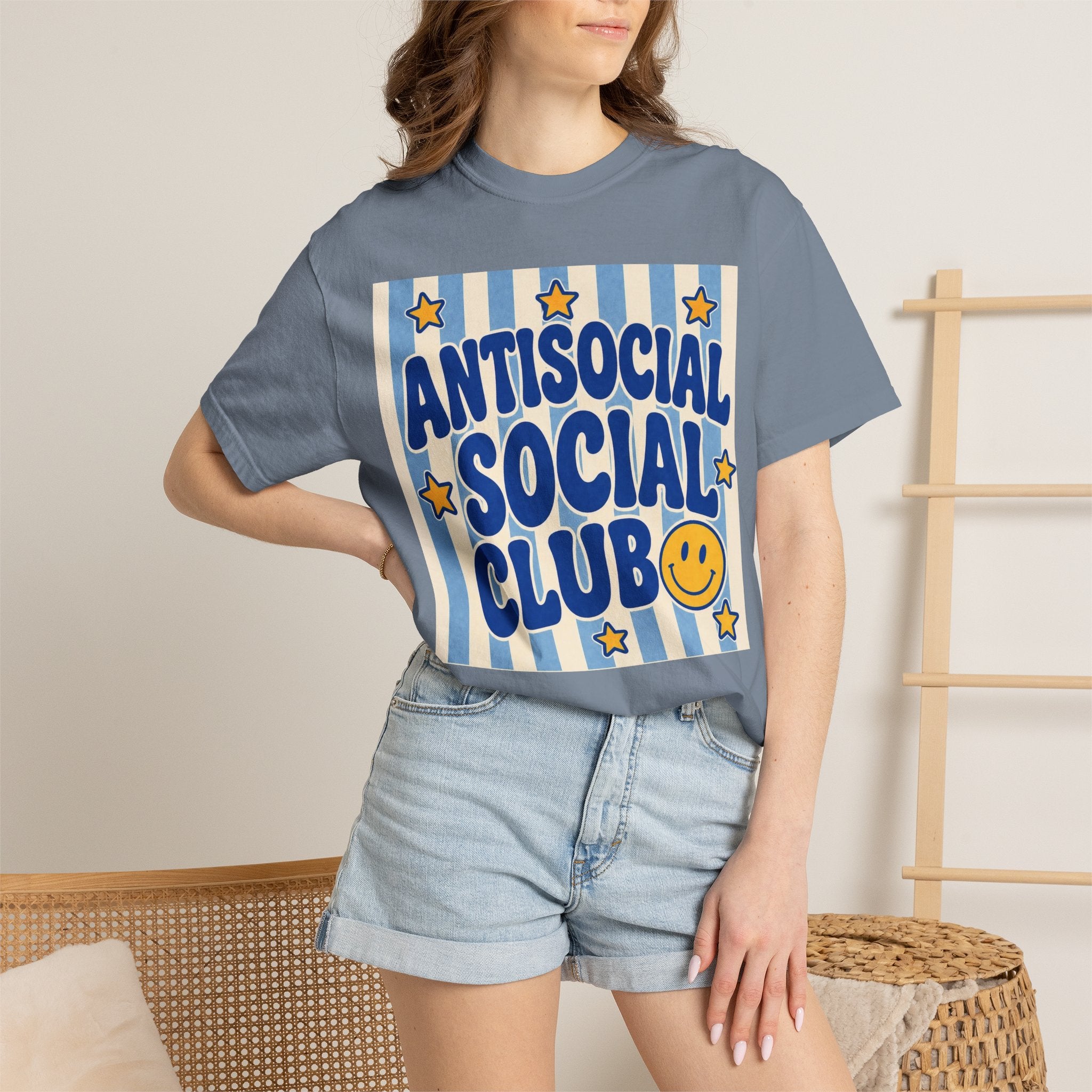 Antisocial Social Club smiley graphic T-Shirt | retro blue stripes