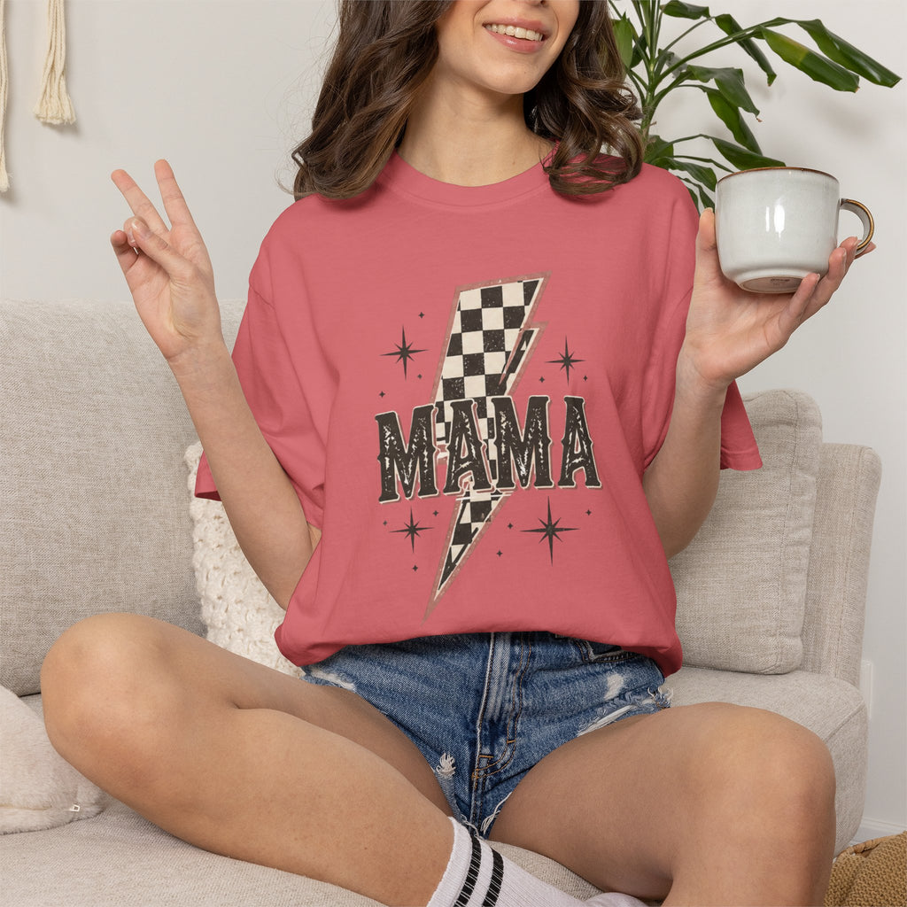 Mama Lightning Bolt Checkerboard T-shirt | Retro Rocker Mama Shirt
