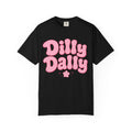 Dilly Dally pink bubble letters T-Shirt | groovy flower retro typography