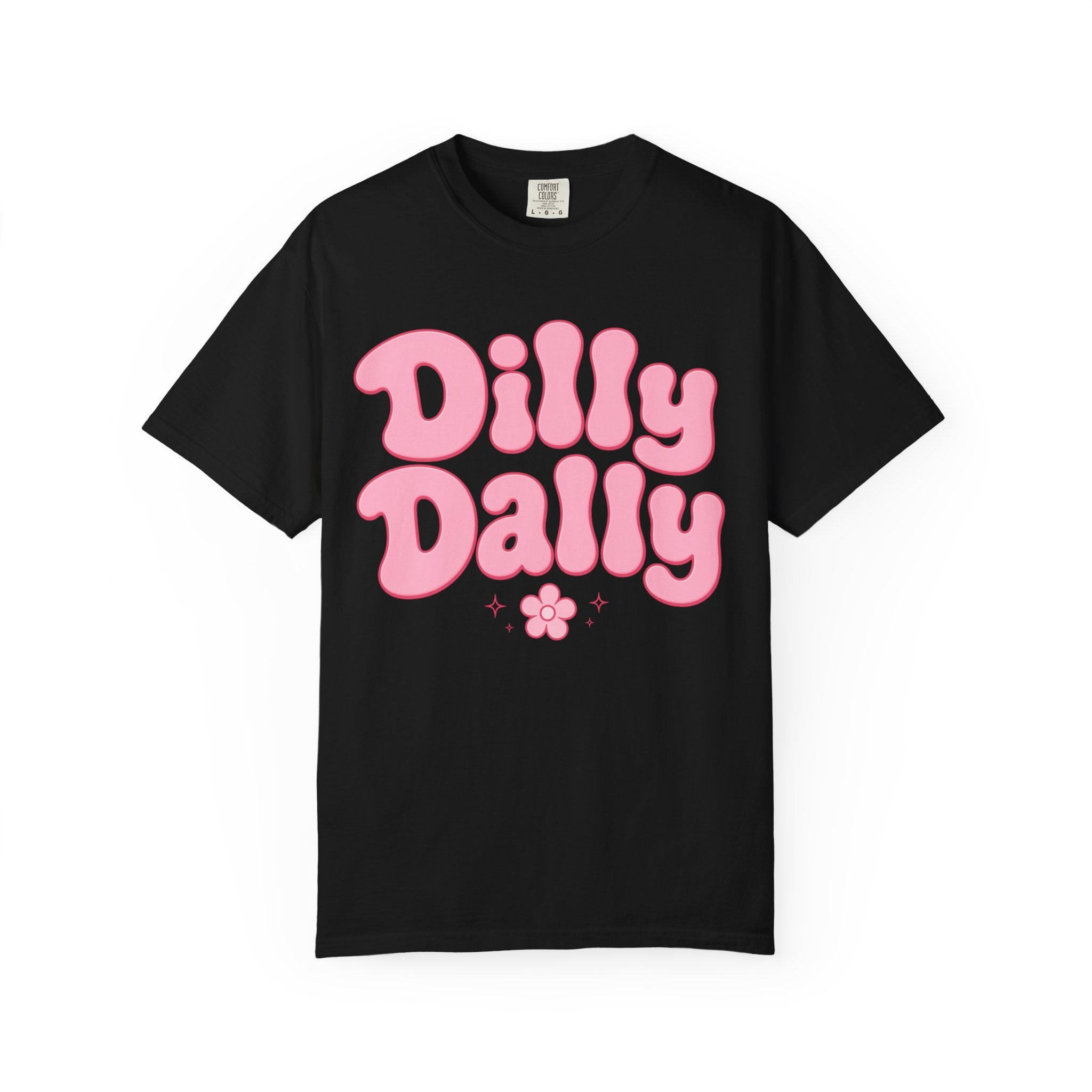 Dilly Dally pink bubble letters T-Shirt | groovy flower retro typography