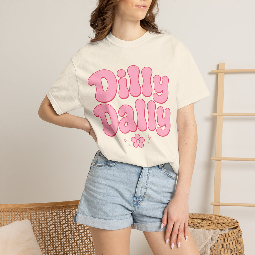 Dilly Dally pink bubble letters T-Shirt | groovy flower retro typography