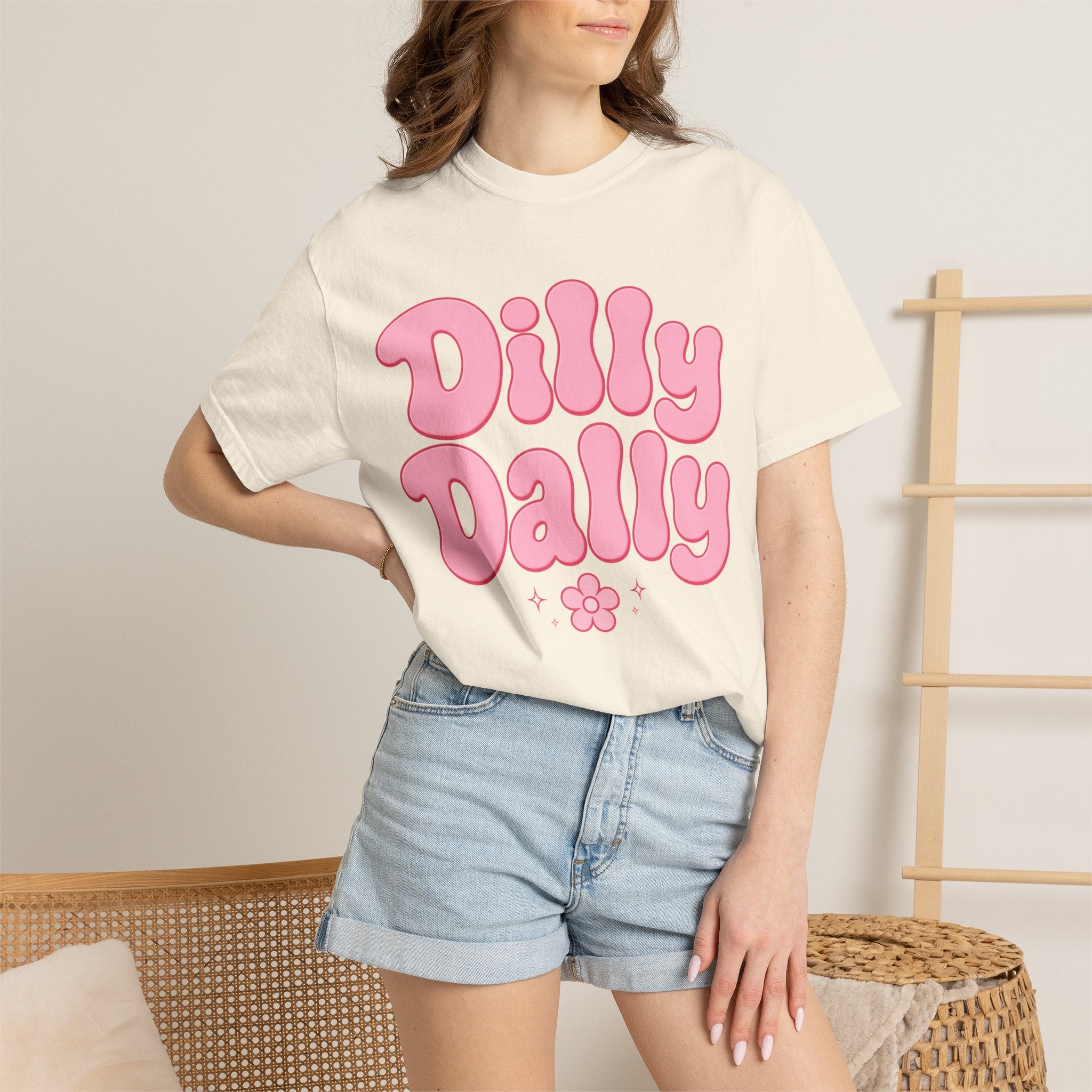 Dilly Dally pink bubble letters T-Shirt | groovy flower retro typography