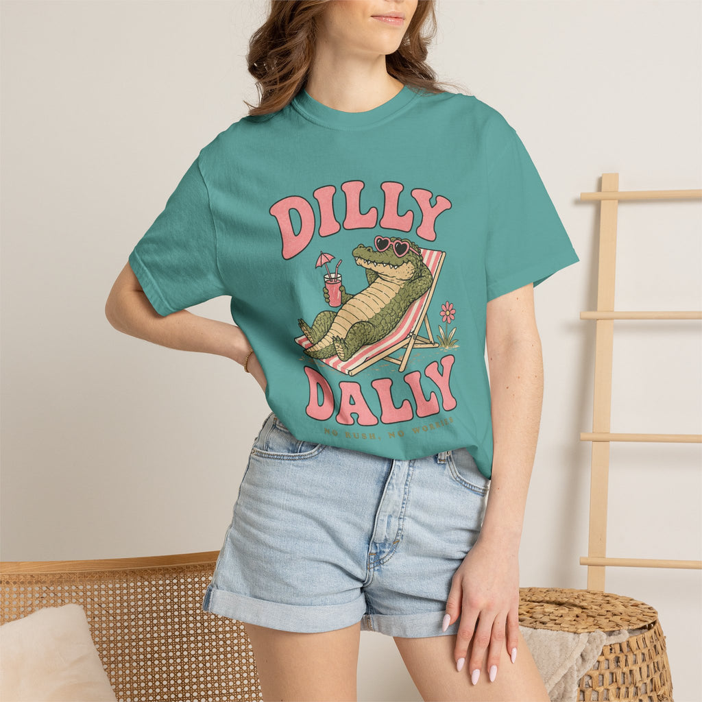 Dilly Dally Alligator Lounge T-shirt | Lazy Summer Palm Drink Graphic