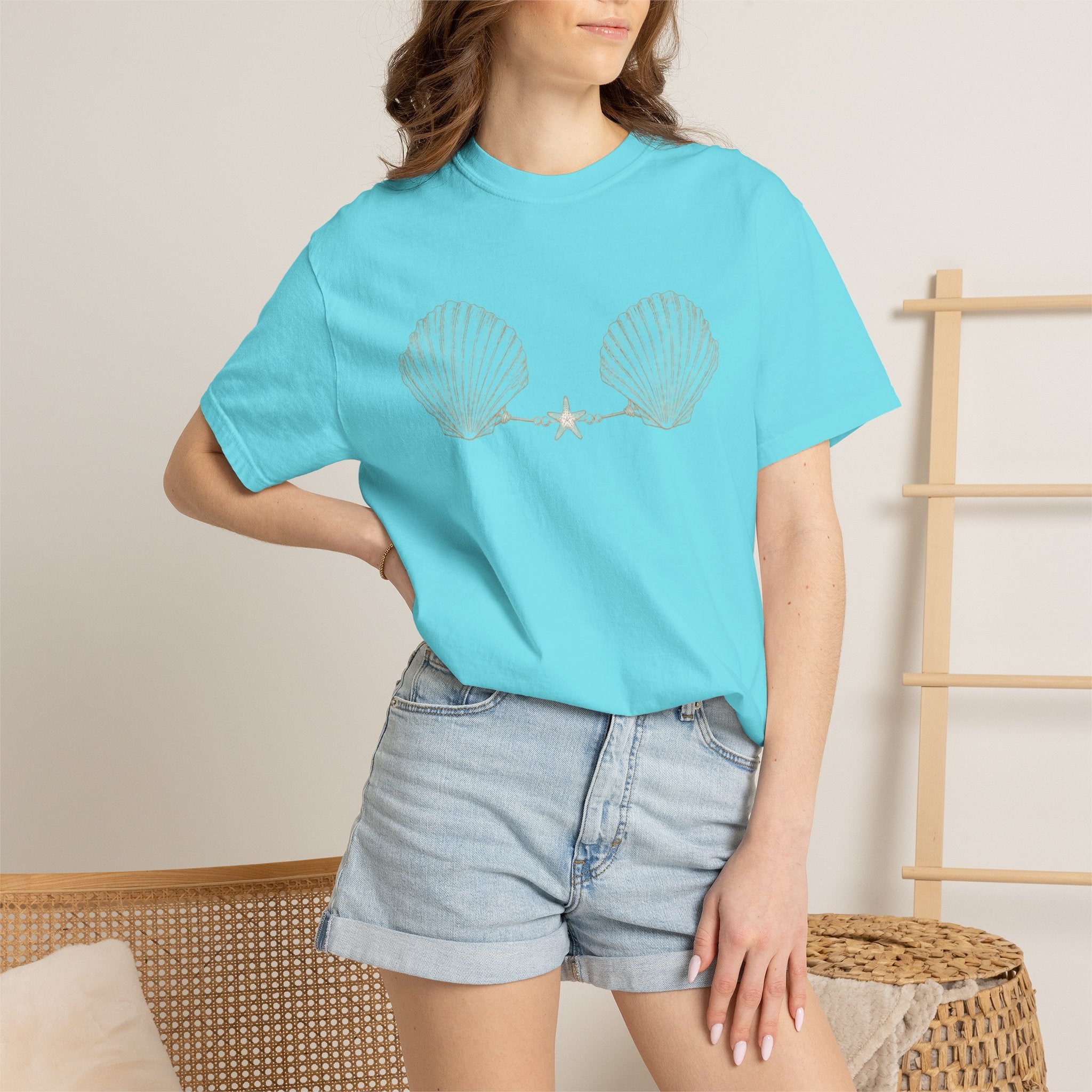 Seashell Bra Illustration T-shirt | Shell Bikini Graphic Tee