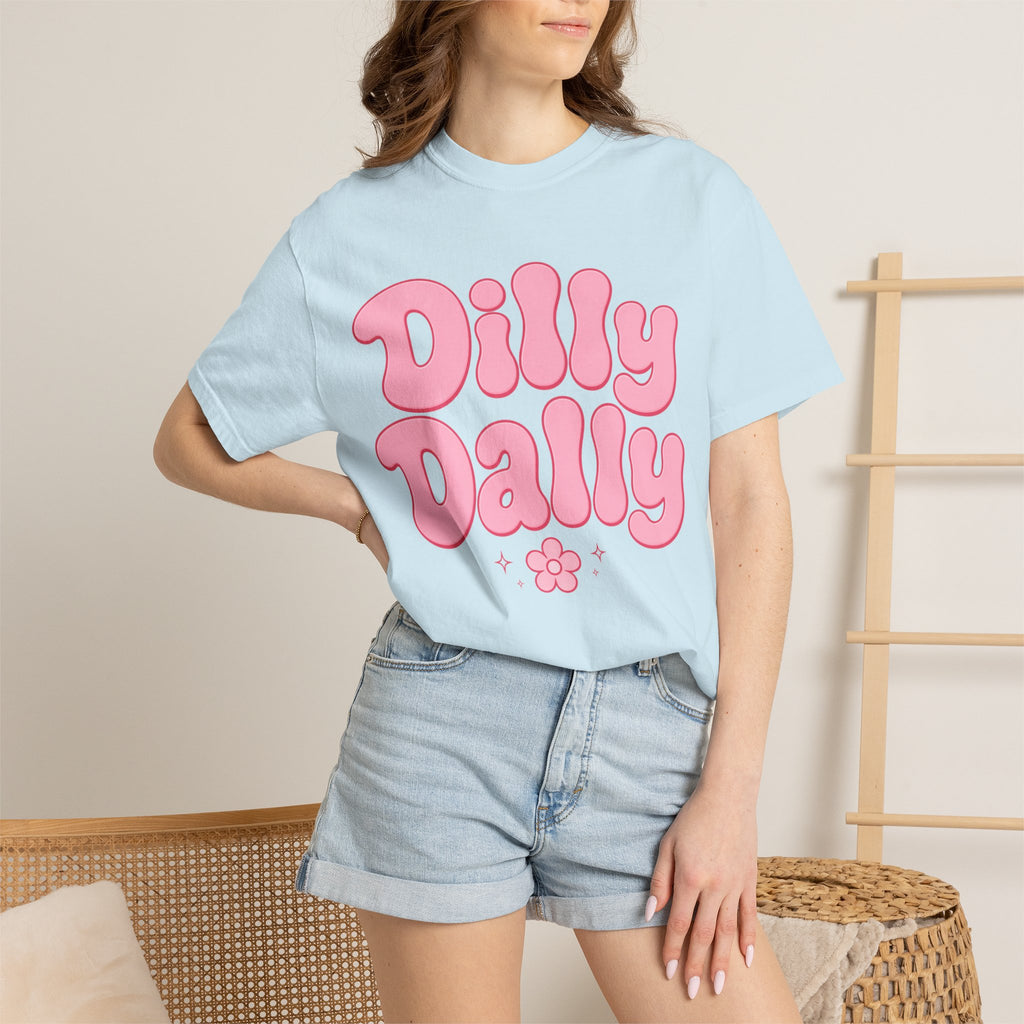Dilly Dally pink bubble letters T-Shirt | groovy flower retro typography