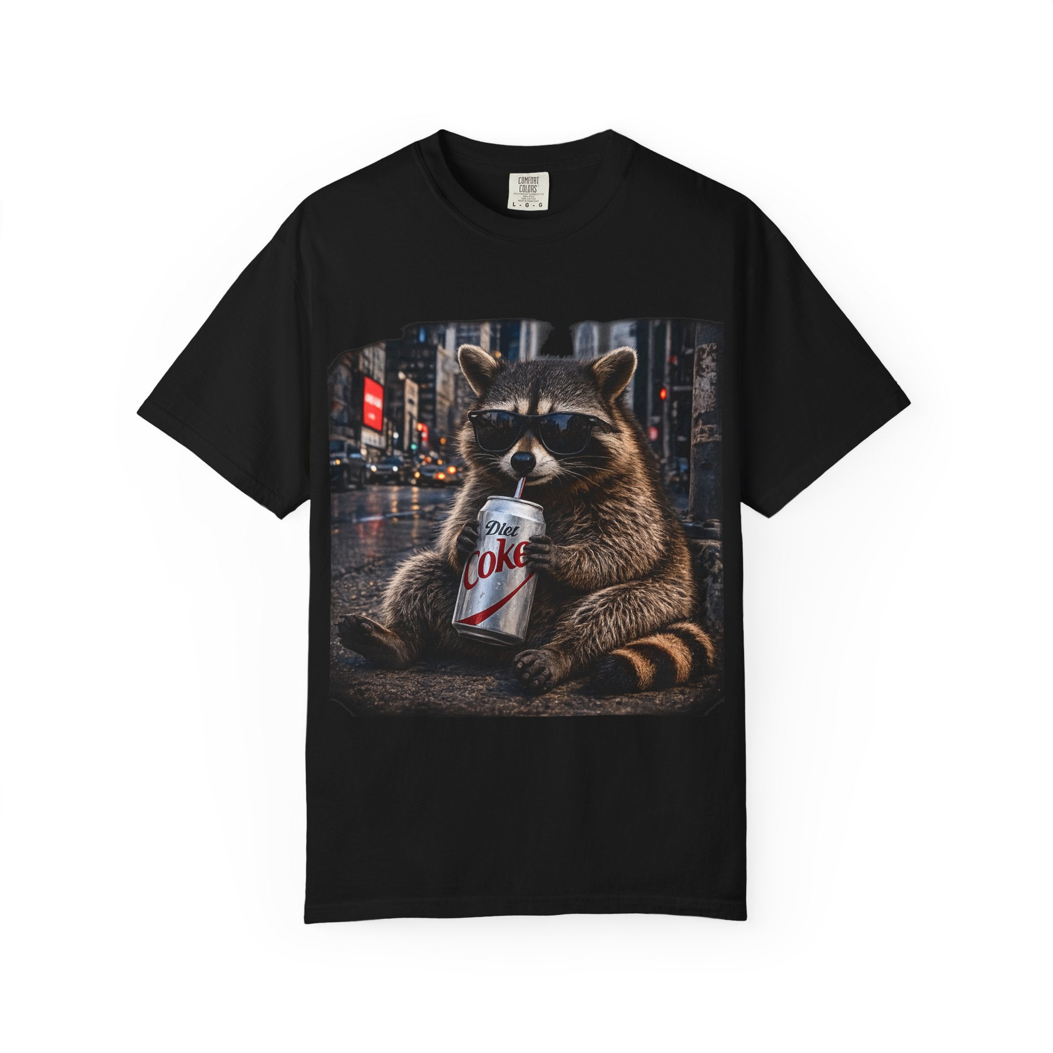 Raccoon Drinking Diet Coke T-shirt | City Night Street Scene