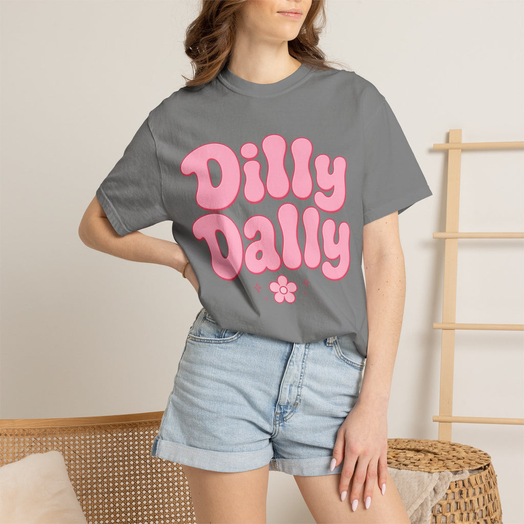 Dilly Dally pink bubble letters T-Shirt | groovy flower retro typography
