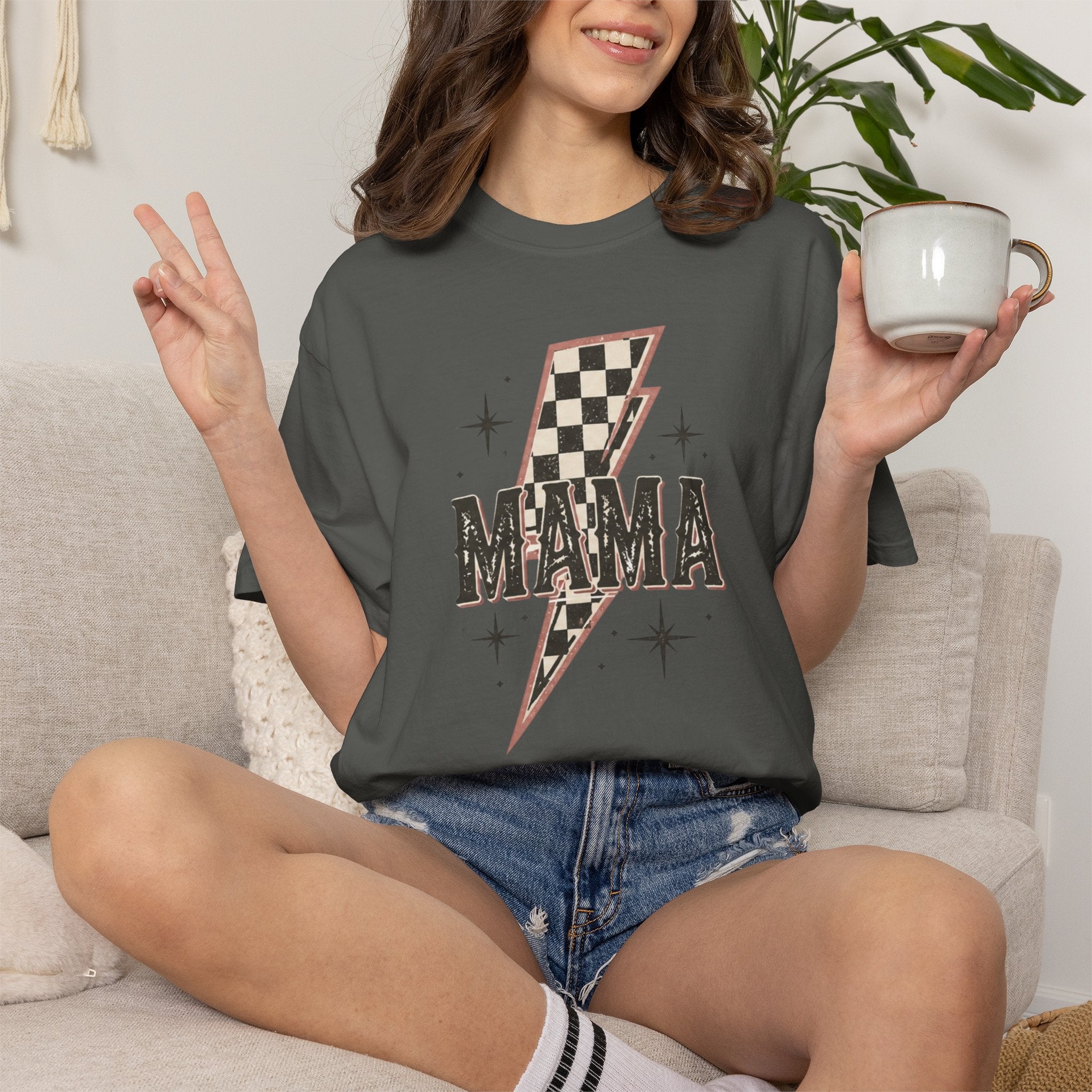 Mama Lightning Bolt Checkerboard T-shirt | Retro Rocker Mama Shirt