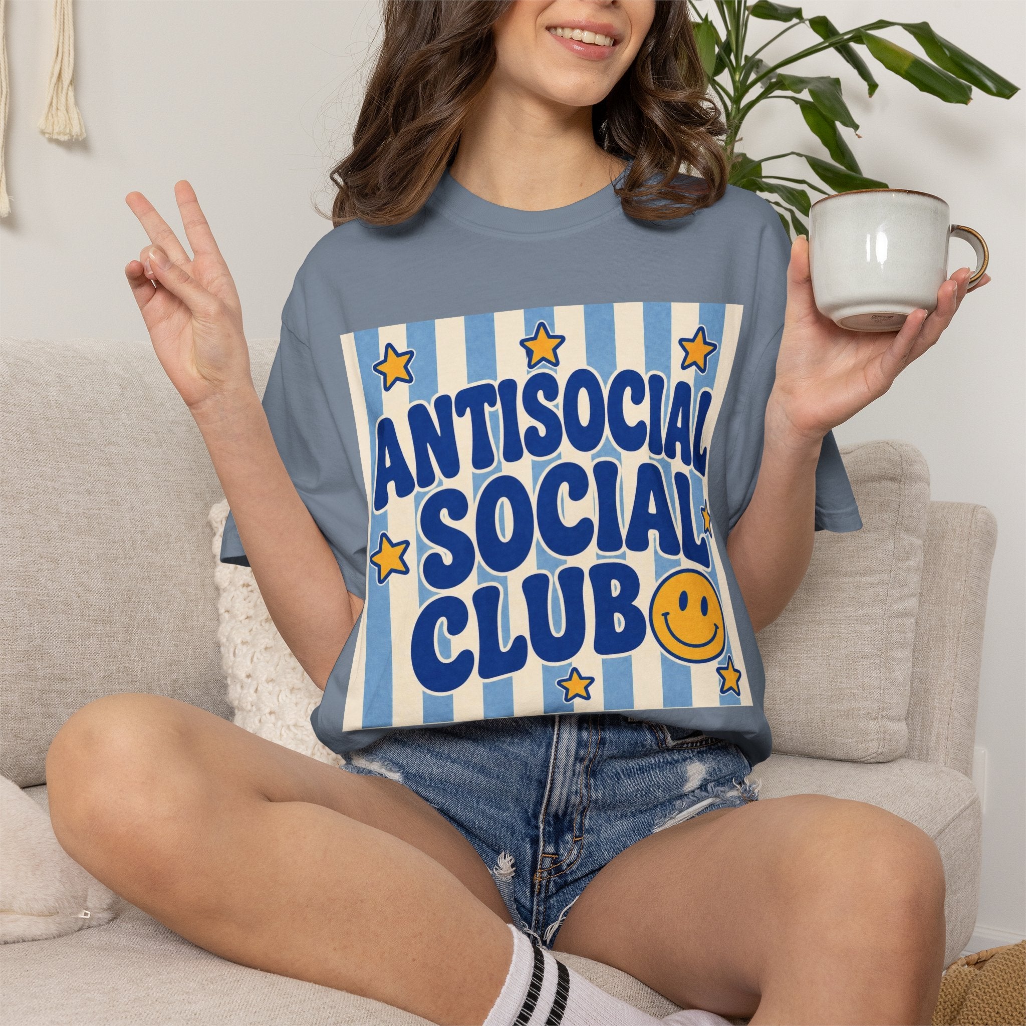 Antisocial Social Club smiley graphic T-Shirt | retro blue stripes