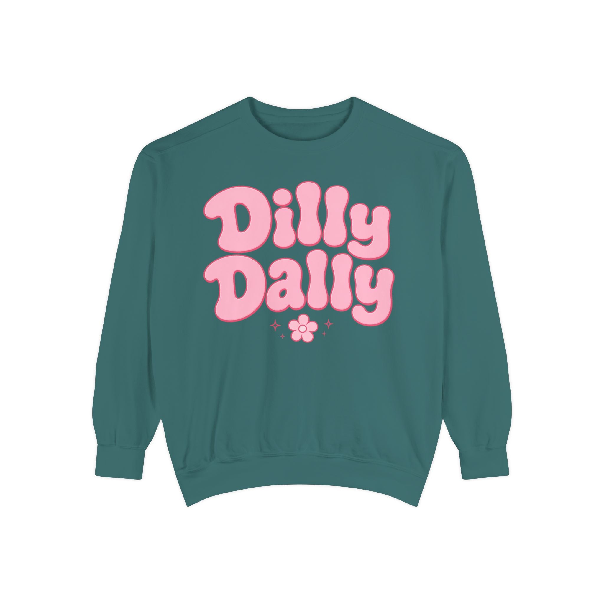 Dilly Dally bubble text sweatshirt | retro pink flower design