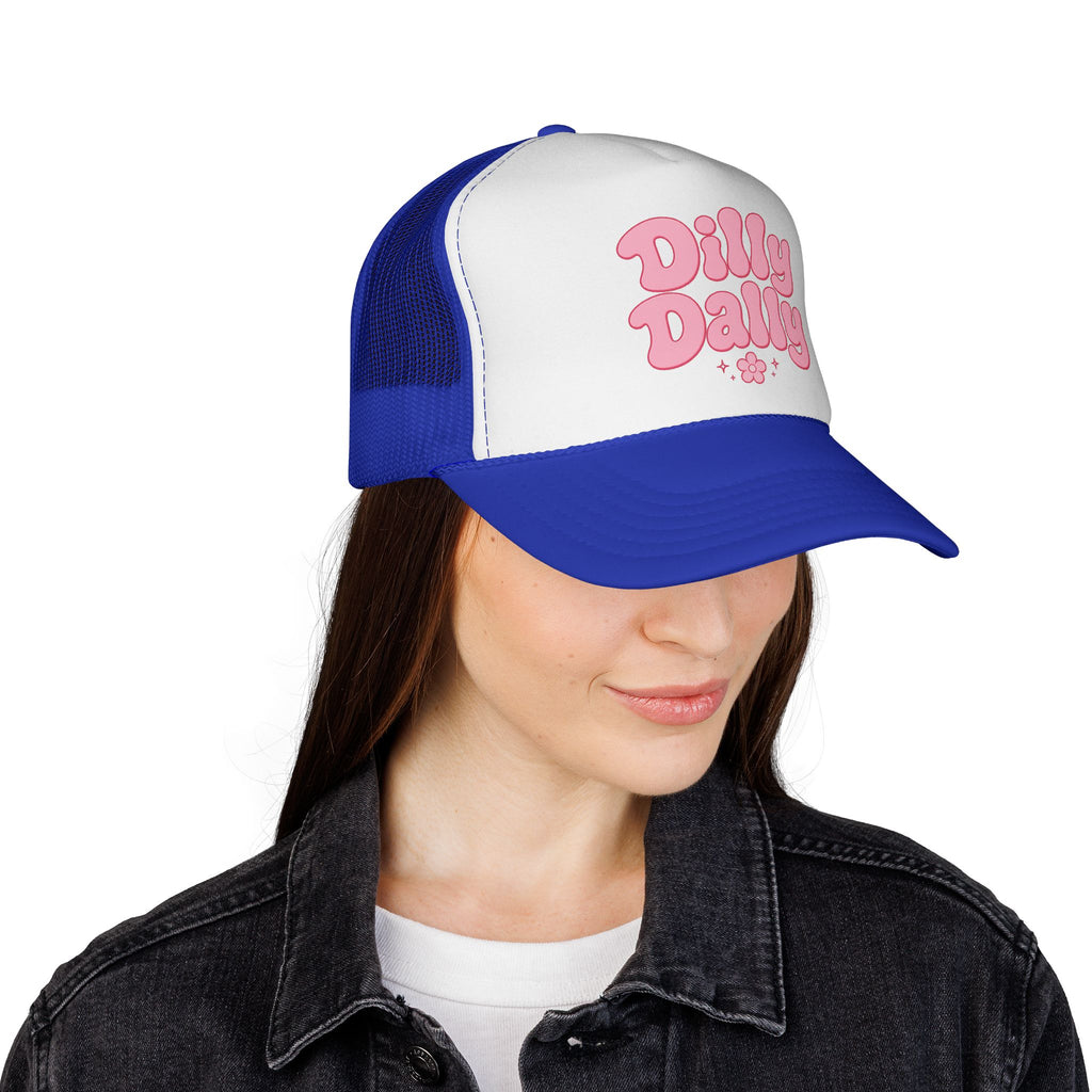 Dilly Dally pink bubbly lettering Trucker Cap | retro flower script