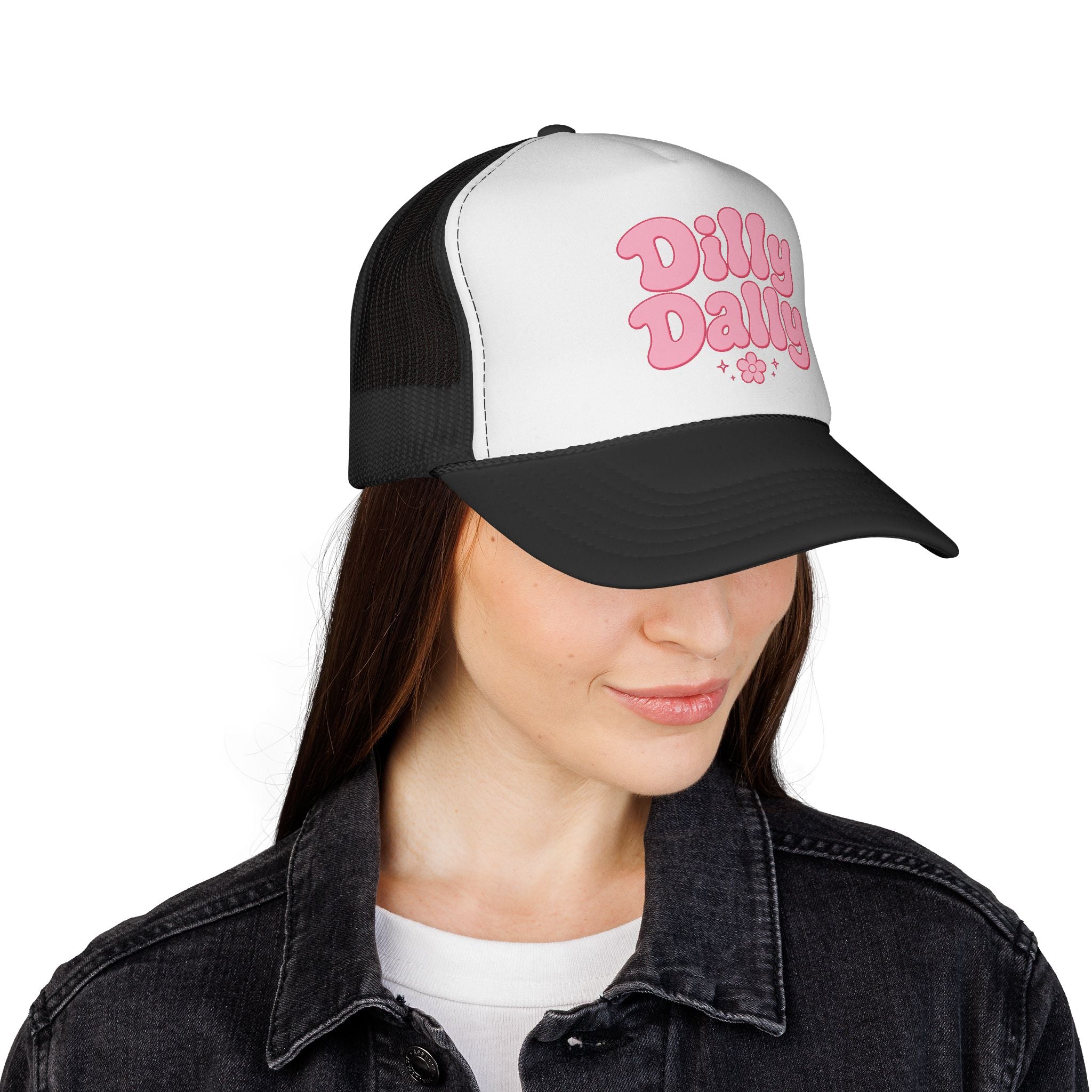Dilly Dally pink bubbly lettering Trucker Cap | retro flower script