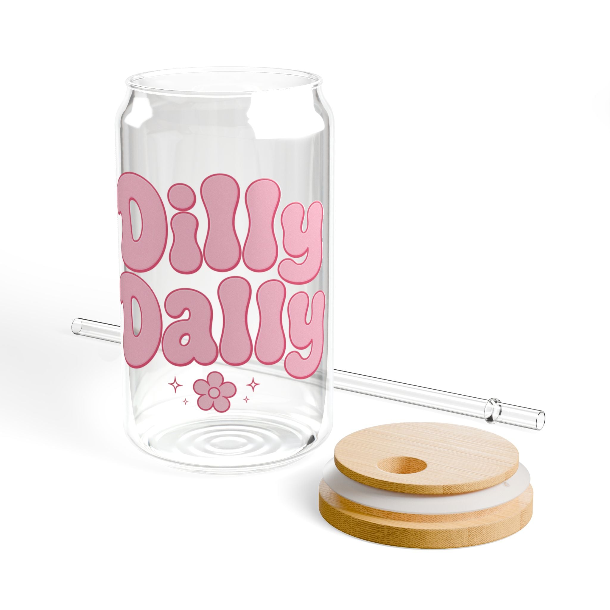 Dilly Dally pink retro bubble text Sipper Glass | 16oz clear tumbler with straw