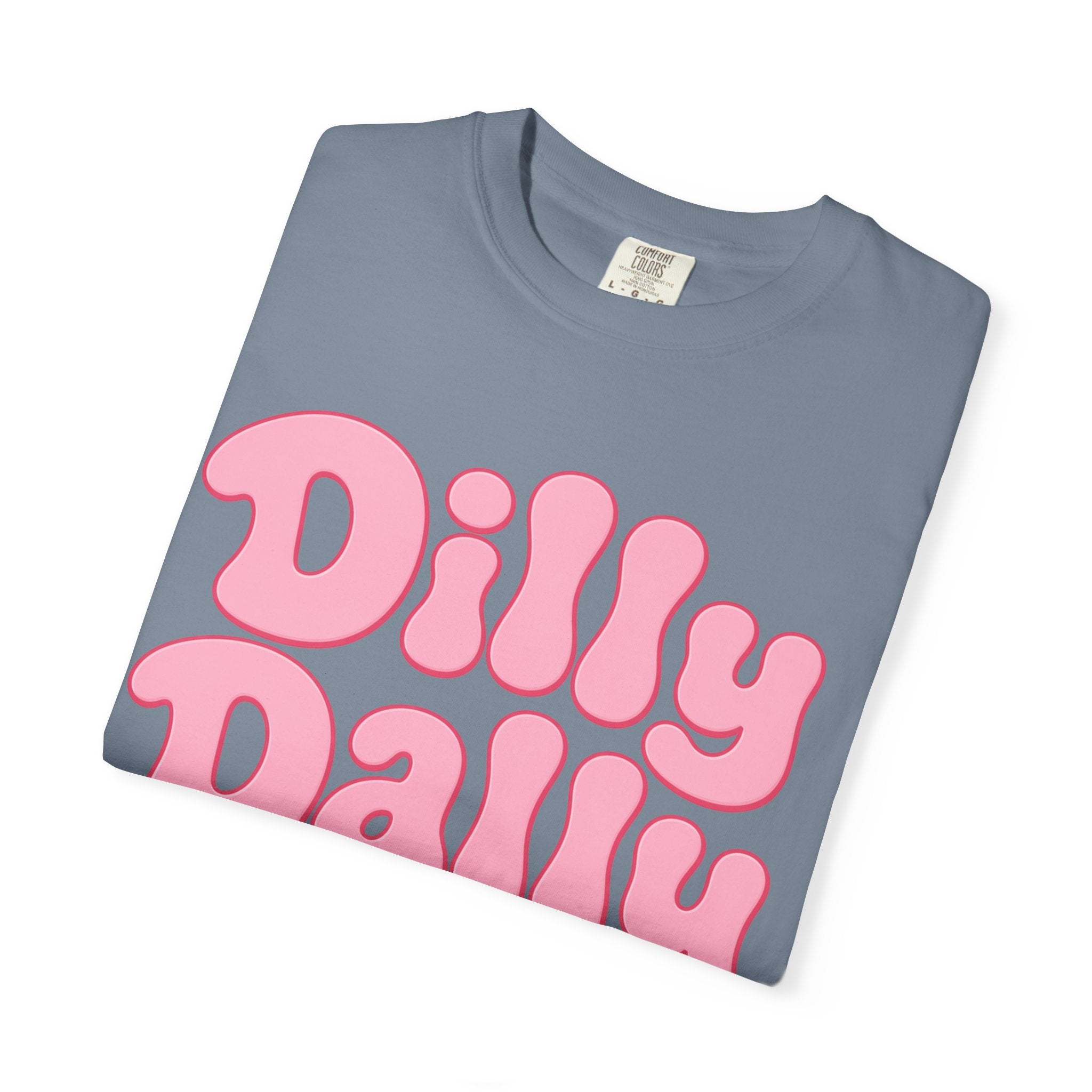 Dilly Dally pink bubble letters T-Shirt | groovy flower retro typography