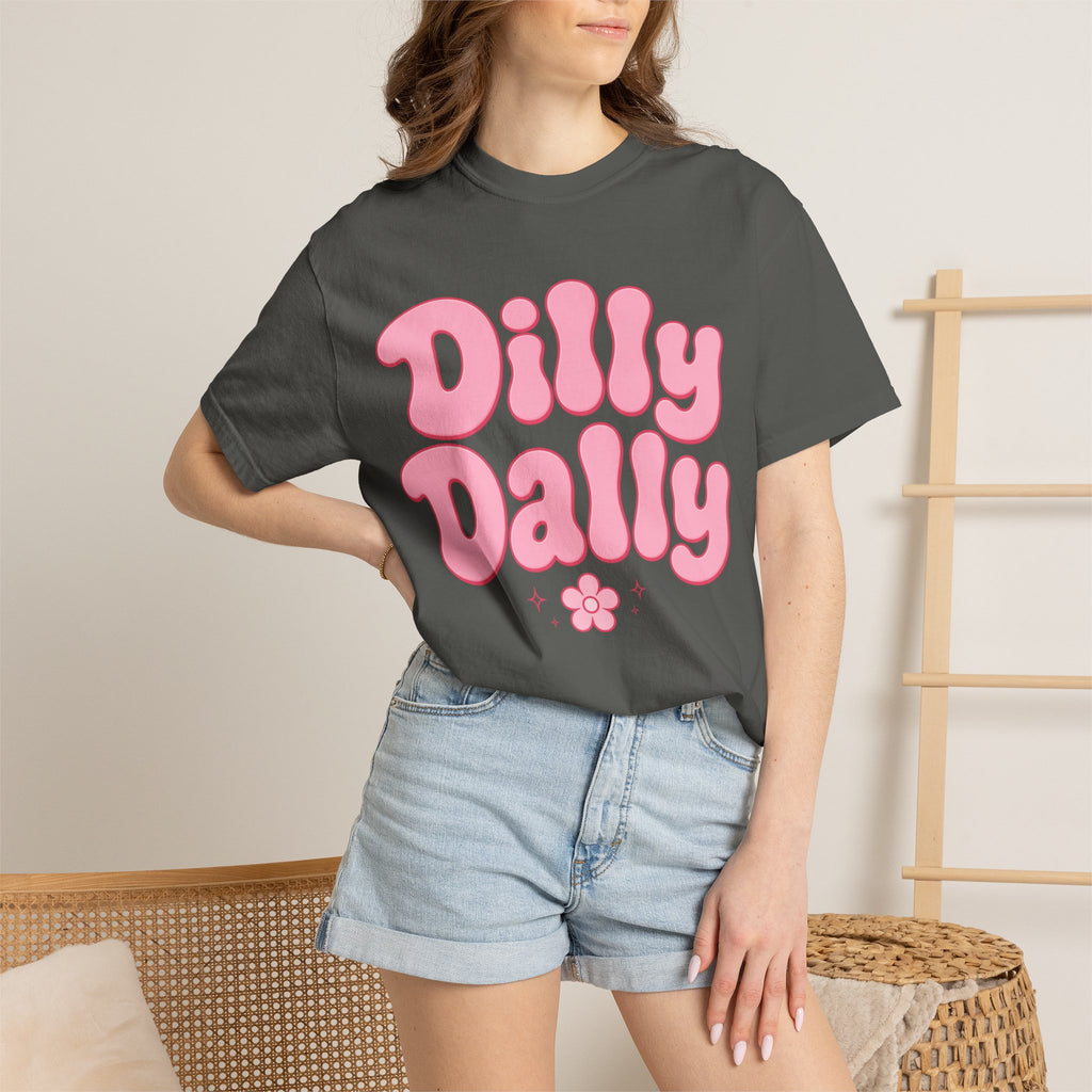 Dilly Dally pink bubble letters T-Shirt | groovy flower retro typography