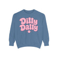Dilly Dally bubble text sweatshirt | retro pink flower design
