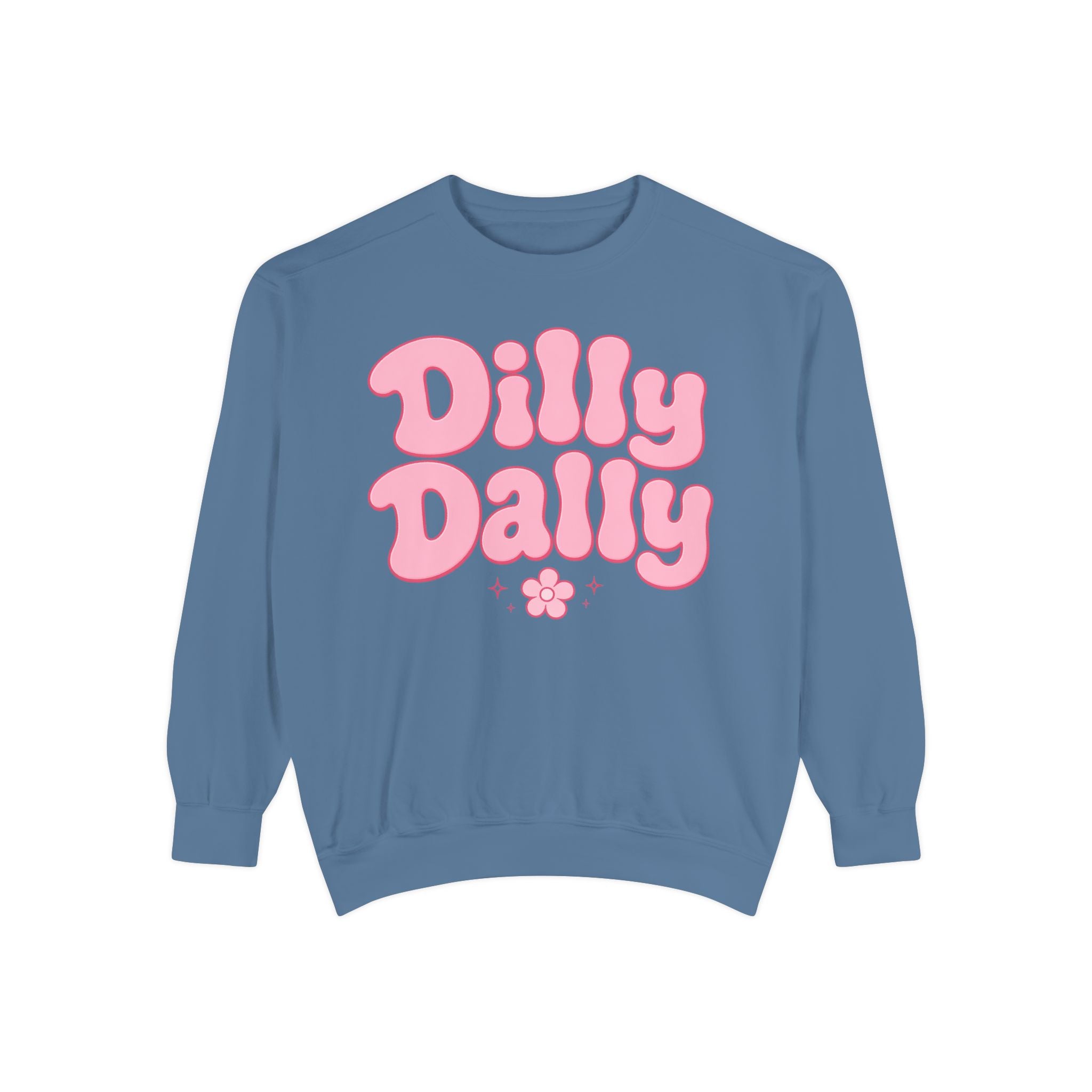 Dilly Dally bubble text sweatshirt | retro pink flower design