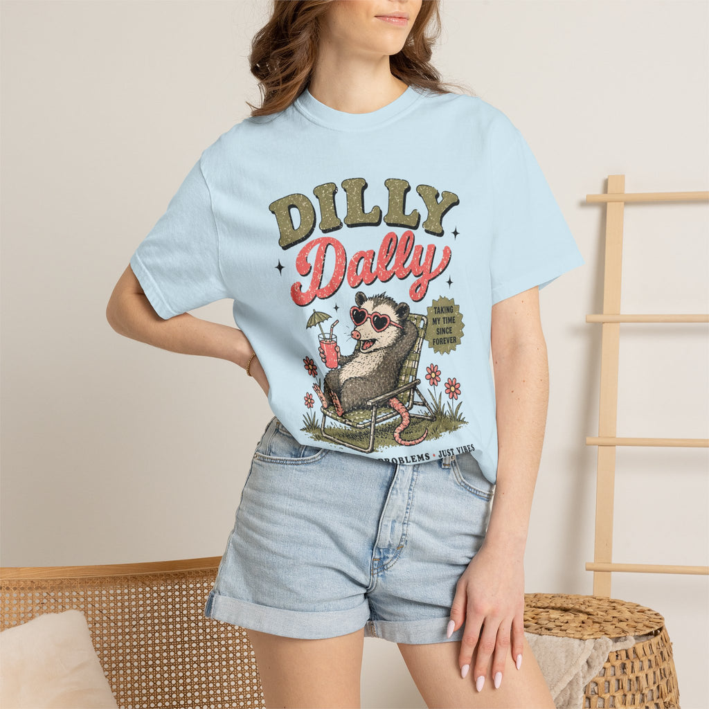 Dilly Dally Sloth Relaxing with Drink T-shirt | Retro Chill Vibes