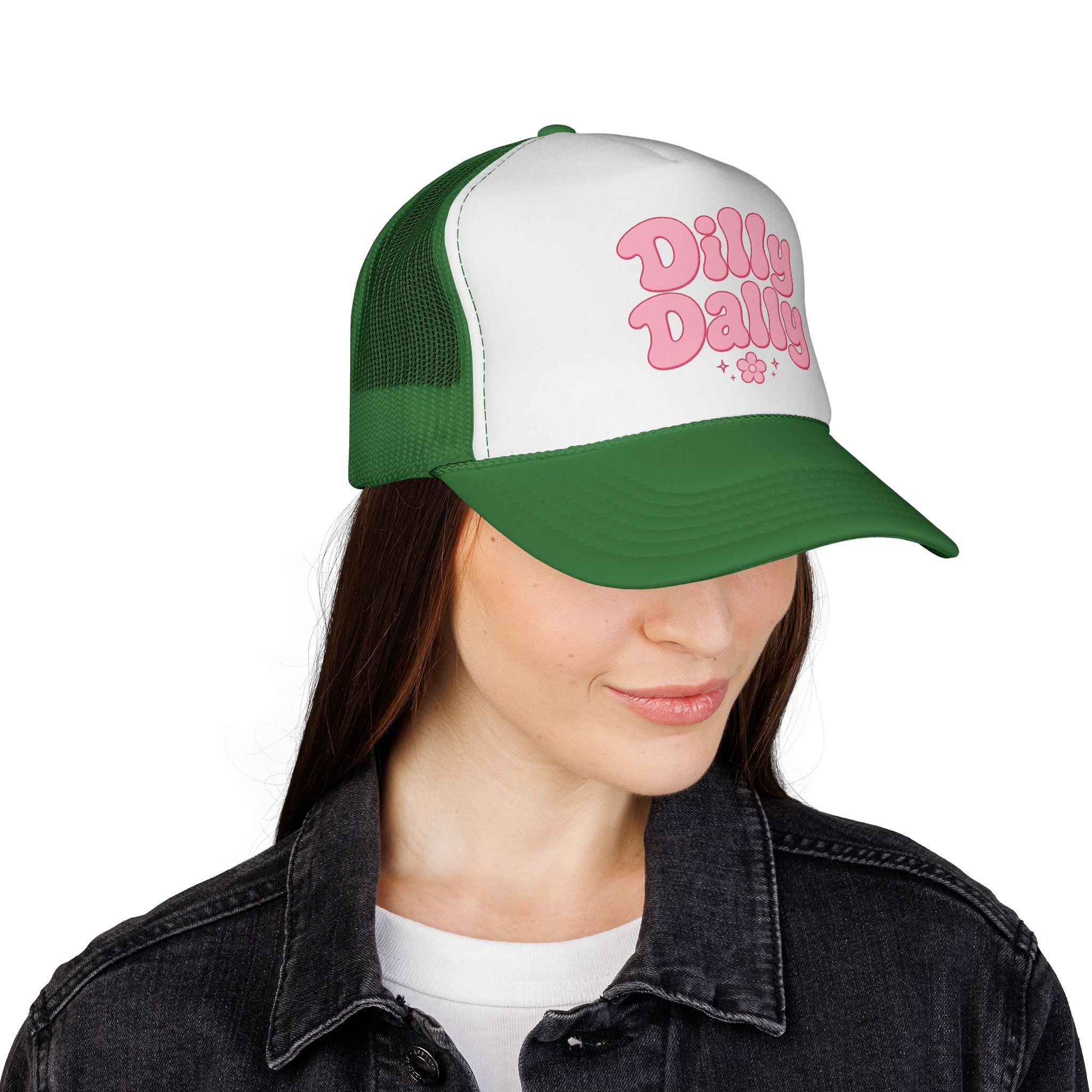 Dilly Dally pink bubbly lettering Trucker Cap | retro flower script
