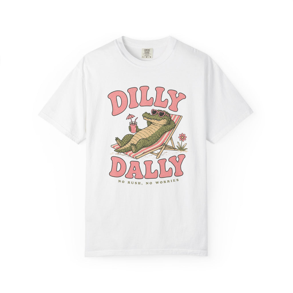 Dilly Dally Alligator Lounge T-shirt | Lazy Summer Palm Drink Graphic