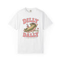 Dilly Dally Alligator Lounge T-shirt | Lazy Summer Palm Drink Graphic