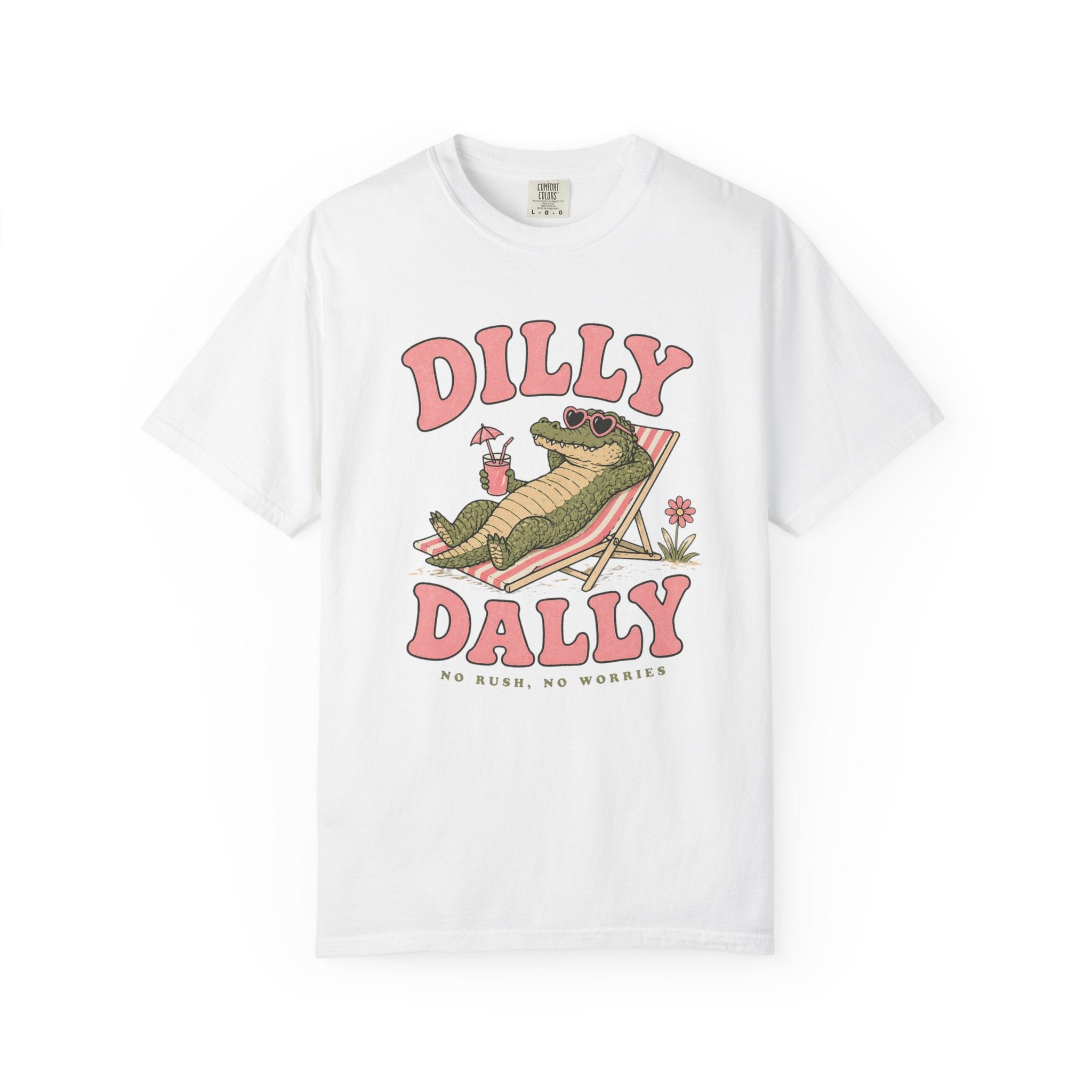Dilly Dally Alligator Lounge T-shirt | Lazy Summer Palm Drink Graphic