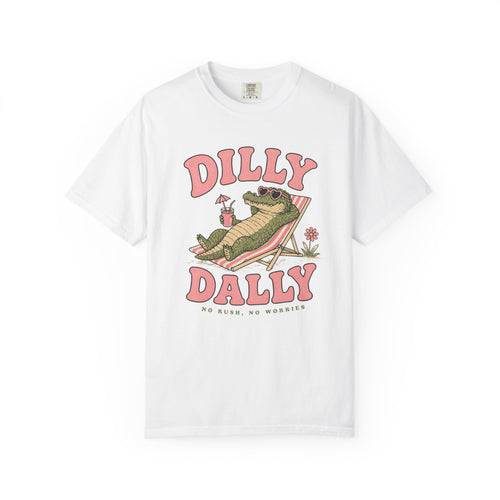 Dilly Dally Alligator Lounge T-shirt | Lazy Summer Palm Drink Graphic