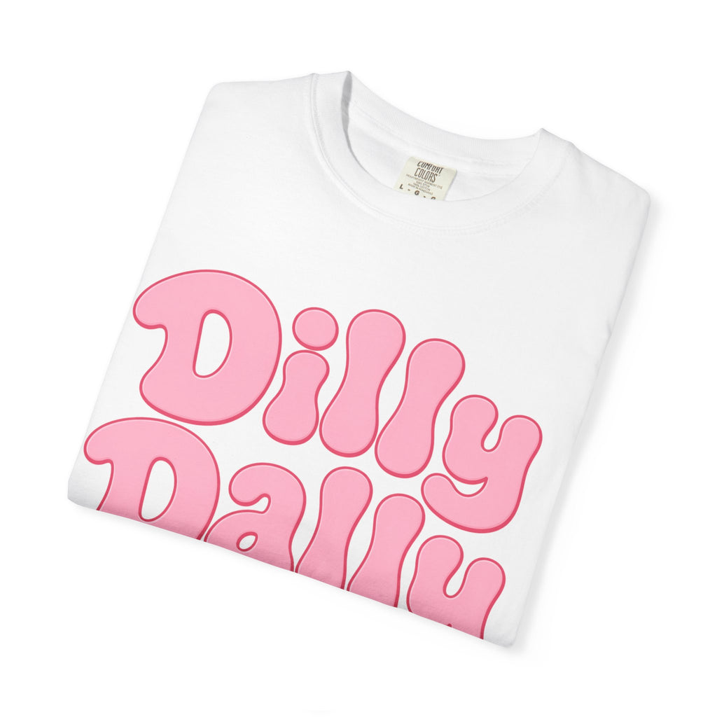 Dilly Dally pink bubble letters T-Shirt | groovy flower retro typography