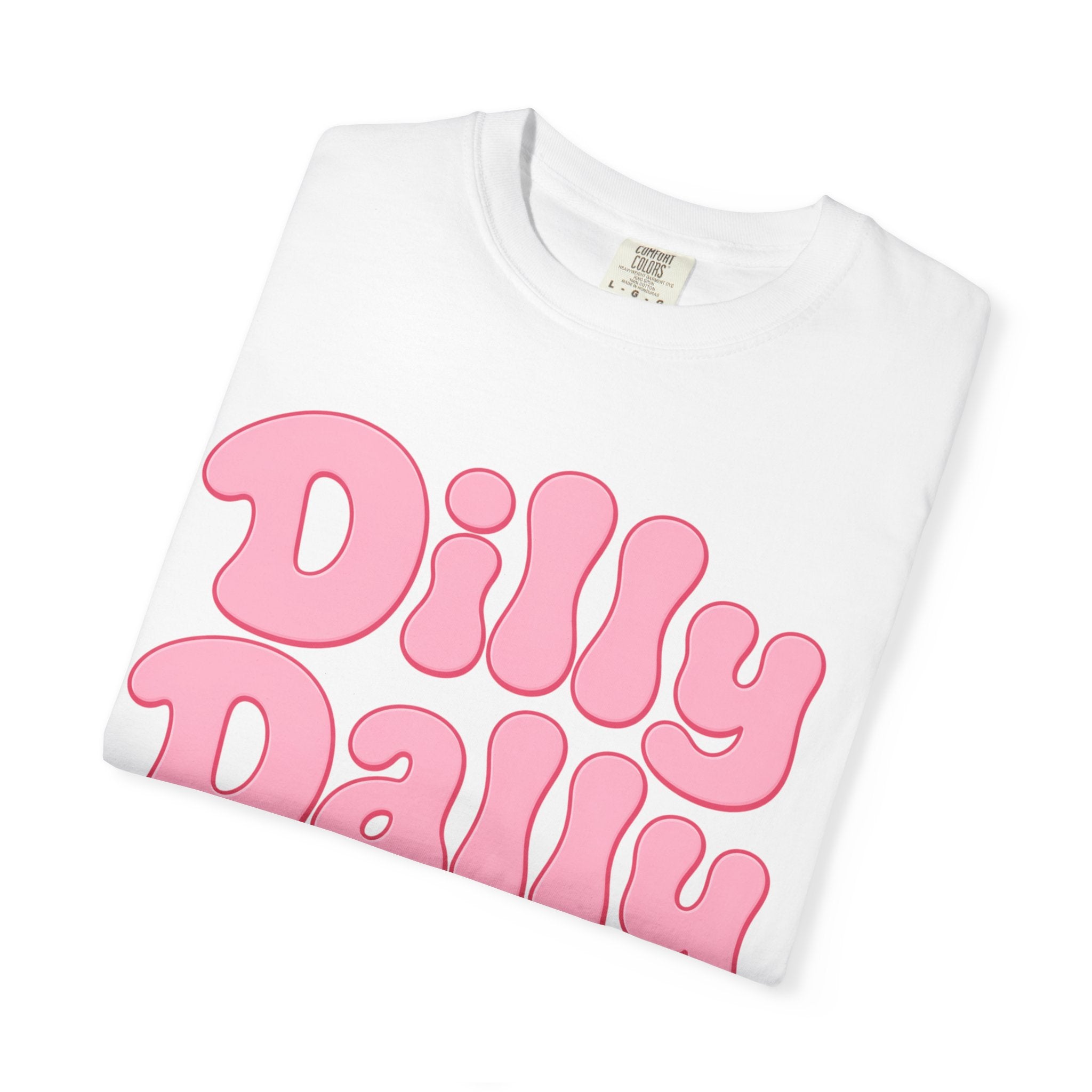 Dilly Dally pink bubble letters T-Shirt | groovy flower retro typography