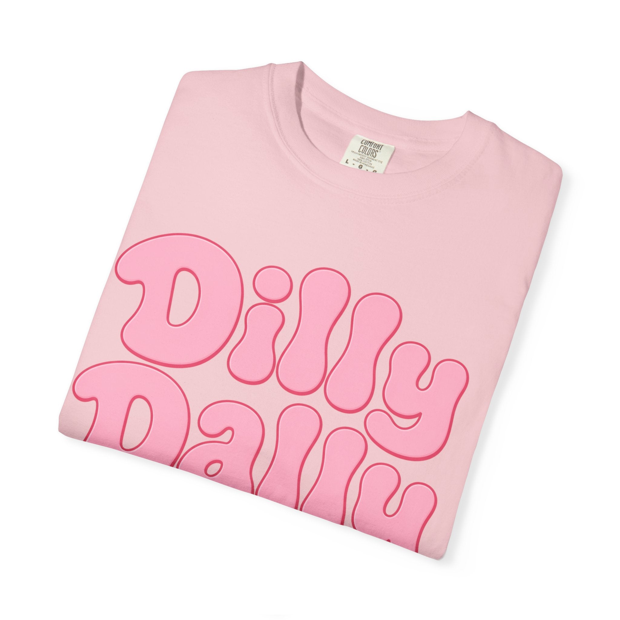 Dilly Dally pink bubble letters T-Shirt | groovy flower retro typography