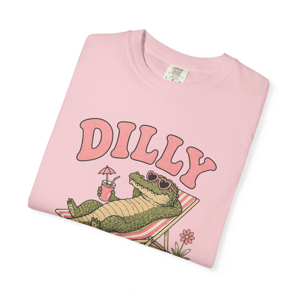 Dilly Dally Alligator Lounge T-shirt | Lazy Summer Palm Drink Graphic