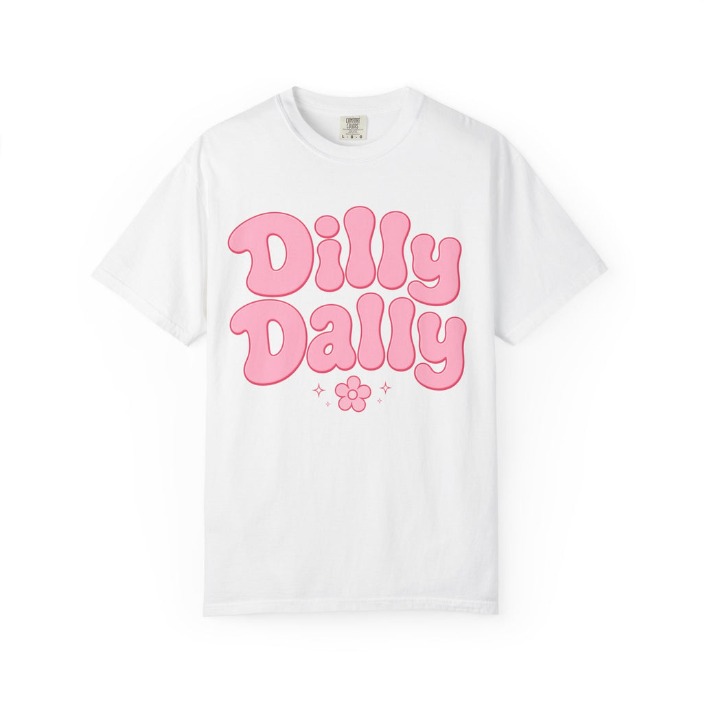 Dilly Dally pink bubble letters T-Shirt | groovy flower retro typography